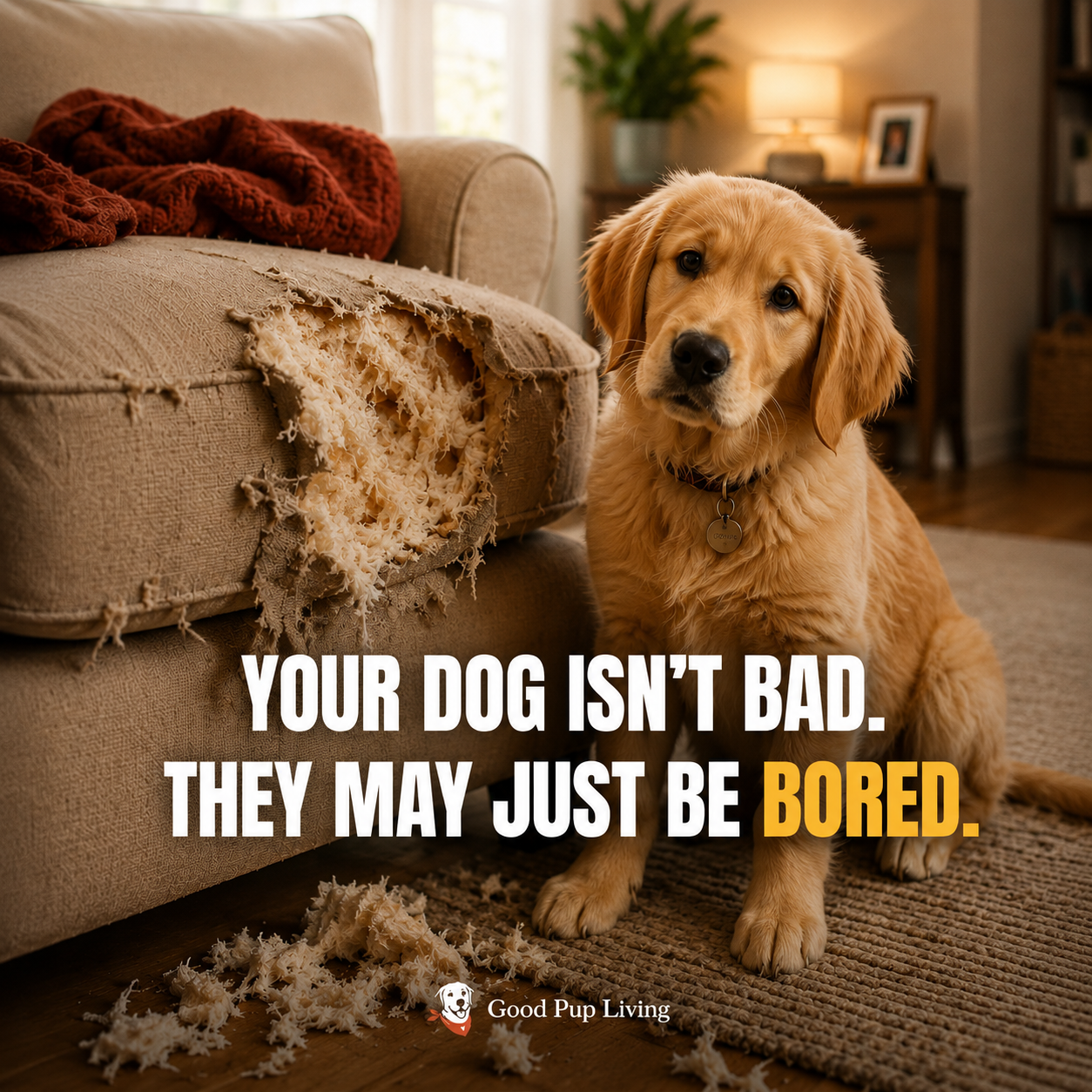 Dog enjoying a calm daily routine at home with enrichment toys and a cozy resting space.