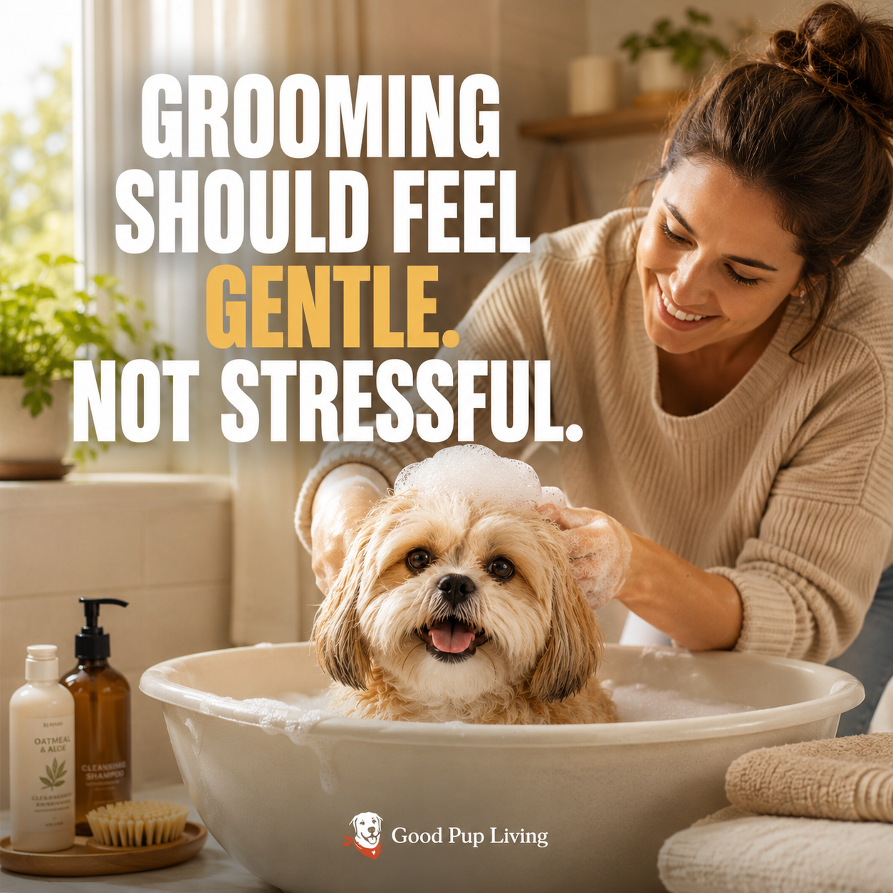 Dog parent gently grooming a happy dog at home with a brush, towel, and everyday care essentials.