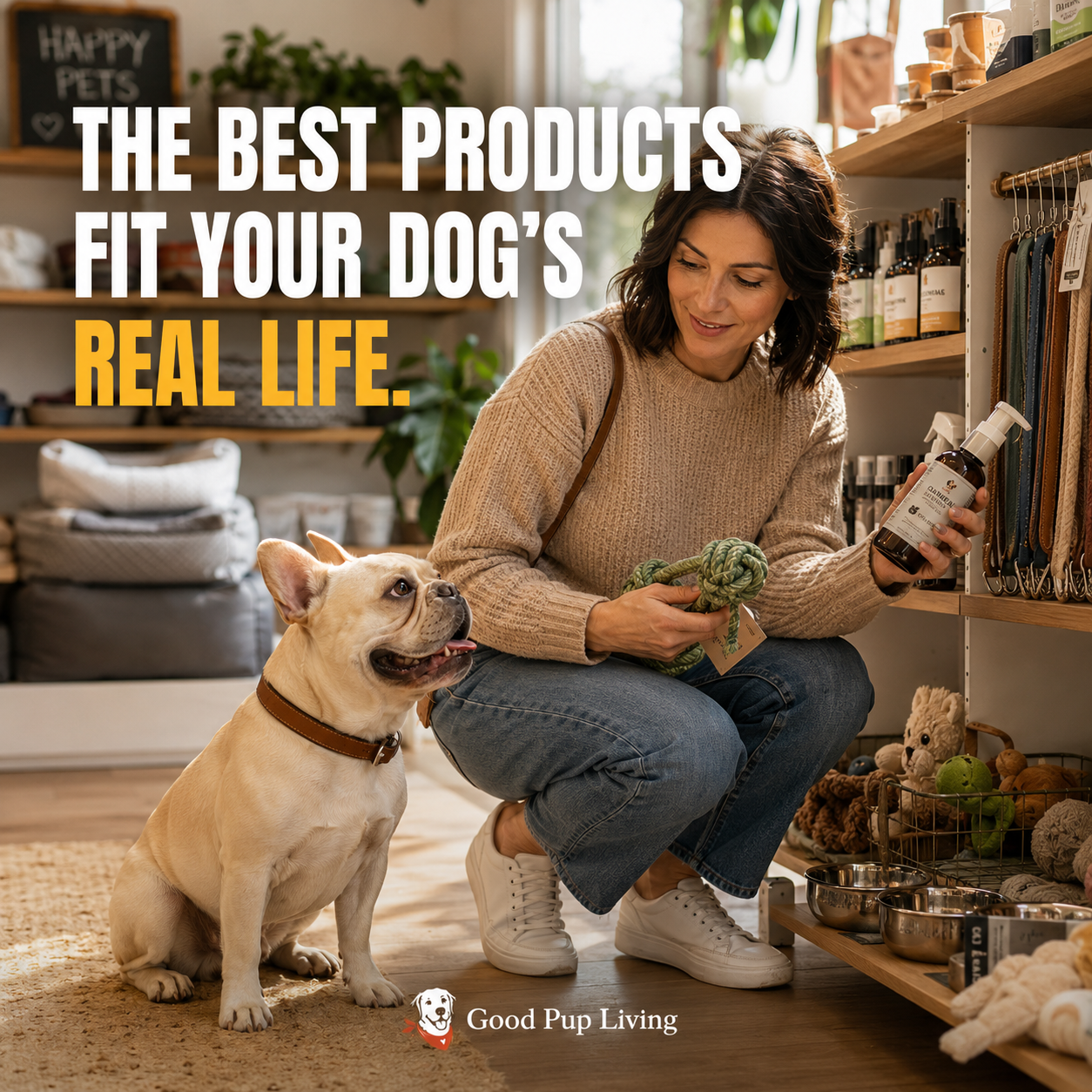 Dog parent choosing everyday dog products at home with a happy dog, pet essentials, toys, grooming items, and comfort products nearby.