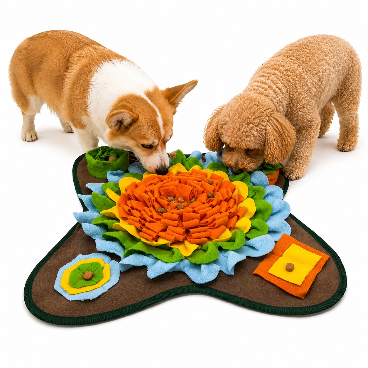 Two dogs using a colorful flower-shaped snuffle mat on a white background.