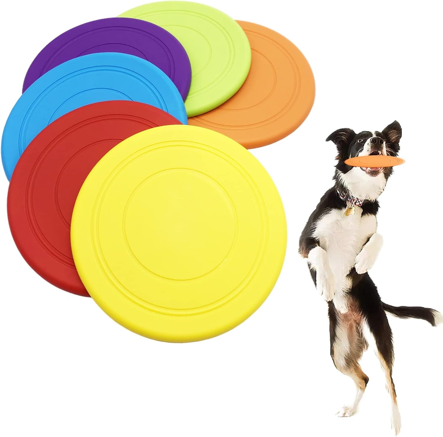Colorful flying discs for dogs with a dog jumping to catch a disc on a white background.