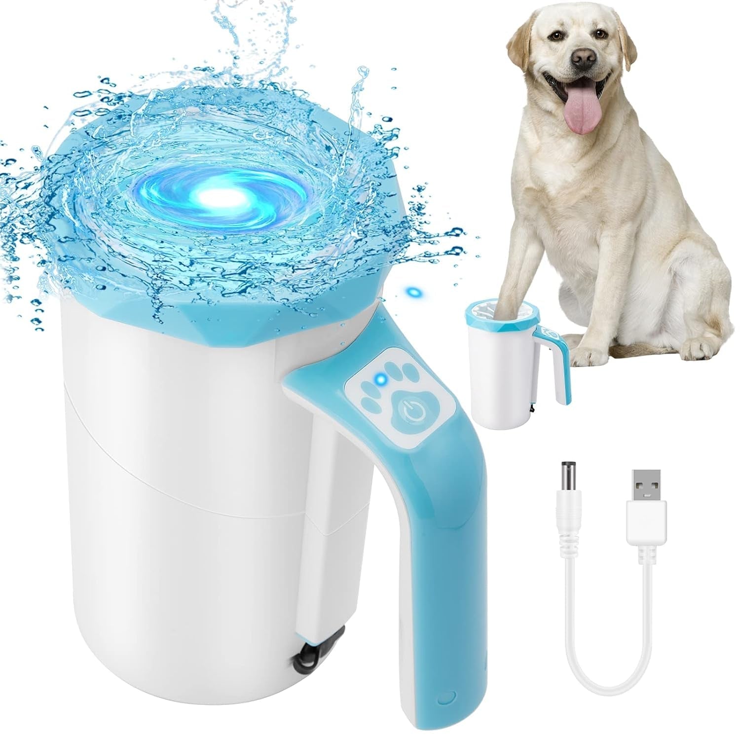 Dog paw cleaner cup with water and cleaning bristles designed to wash muddy dog paws after walks and outdoor play.
