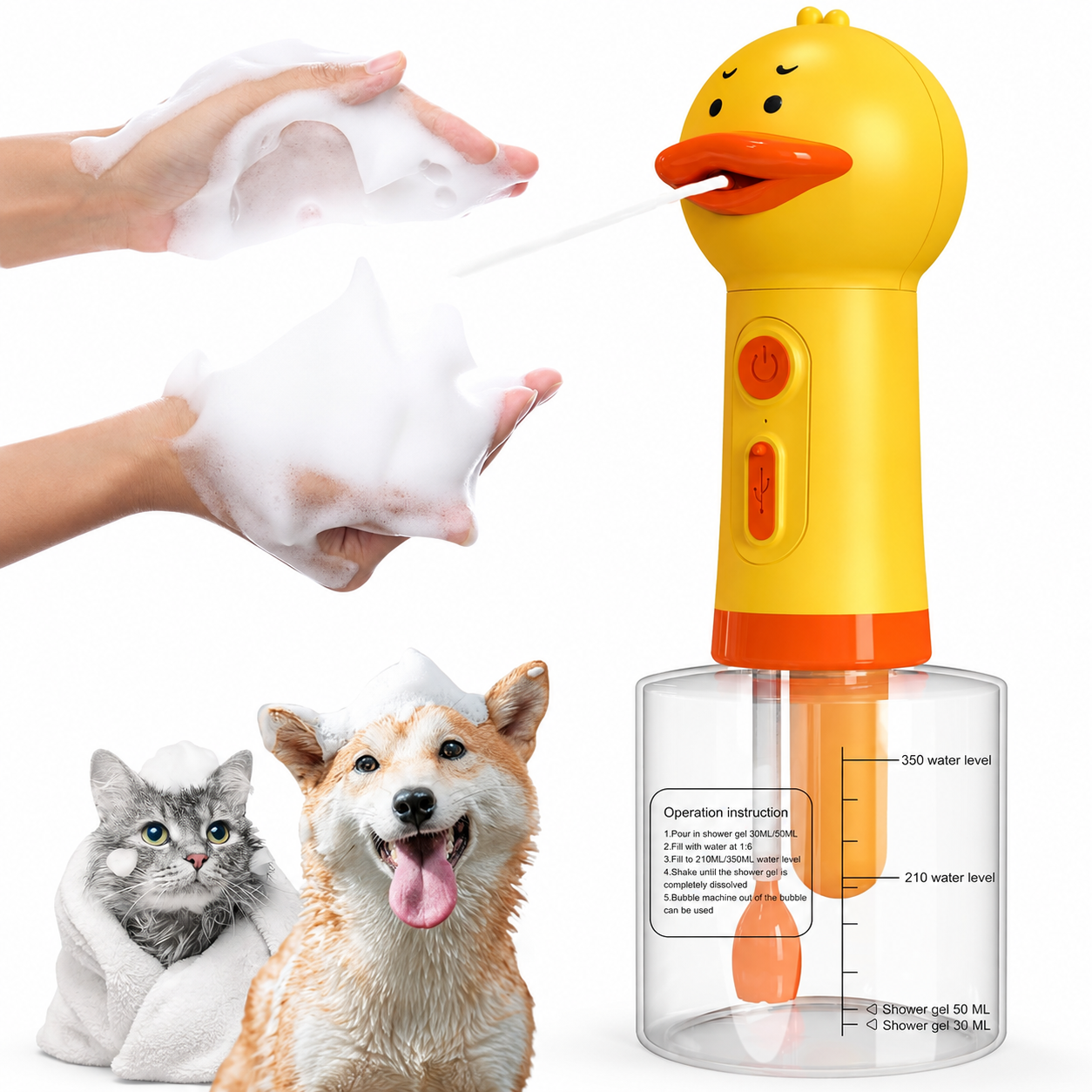 Dog bath time essentials with electric foaming shampoo dispenser, bathing tools, and pets for easier at-home grooming
