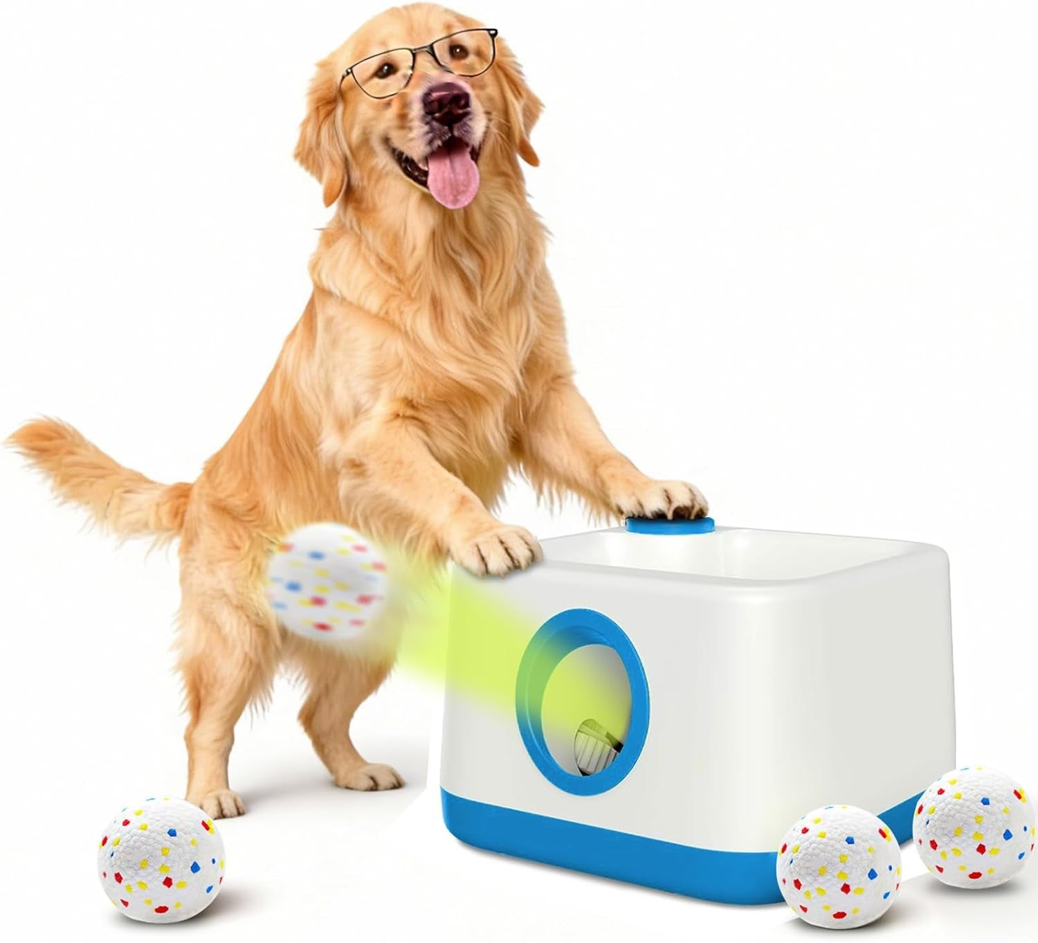 Automatic dog ball launcher with tennis balls and two dogs on a white background.