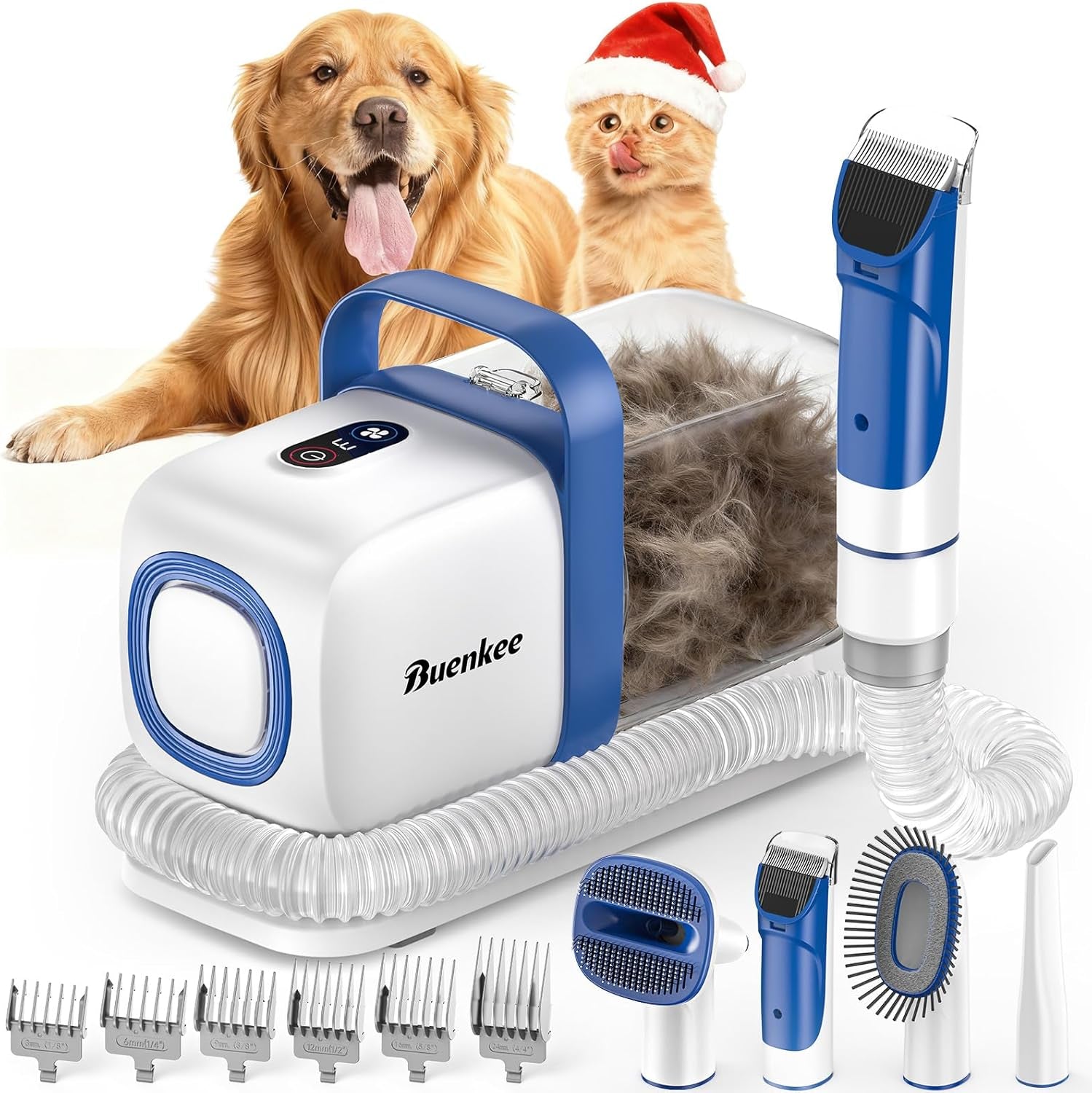 Dog grooming vacuum kit with suction unit, hose, clippers, grooming brushes, and coat care attachments for at-home dog grooming