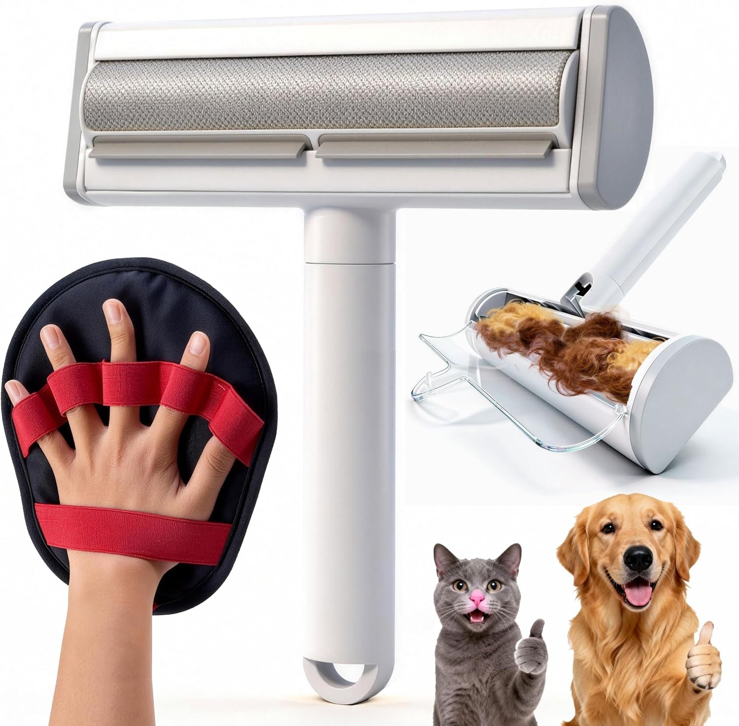 Dog hair removal tools including reusable rollers, cleaning gloves, and fur removers for furniture, clothing, bedding, and everyday surfaces.