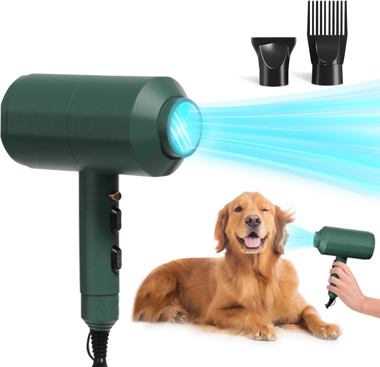 Dog hair dryer with grooming nozzles designed for faster post-bath coat drying and easier at-home grooming.