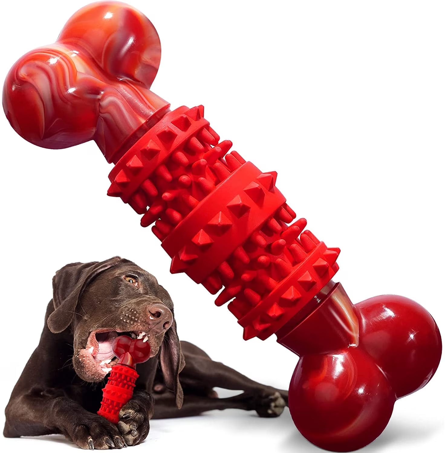 Red textured dog chew toy with bone-shaped ends and a dog playing with it.