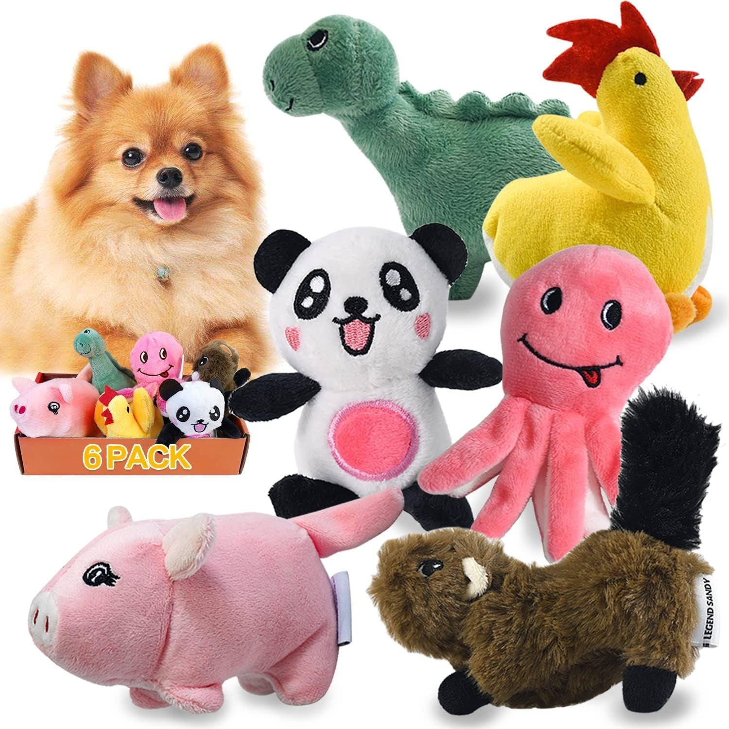 Assorted colorful dog toy set with plush animal toys and a small dog on a white background.