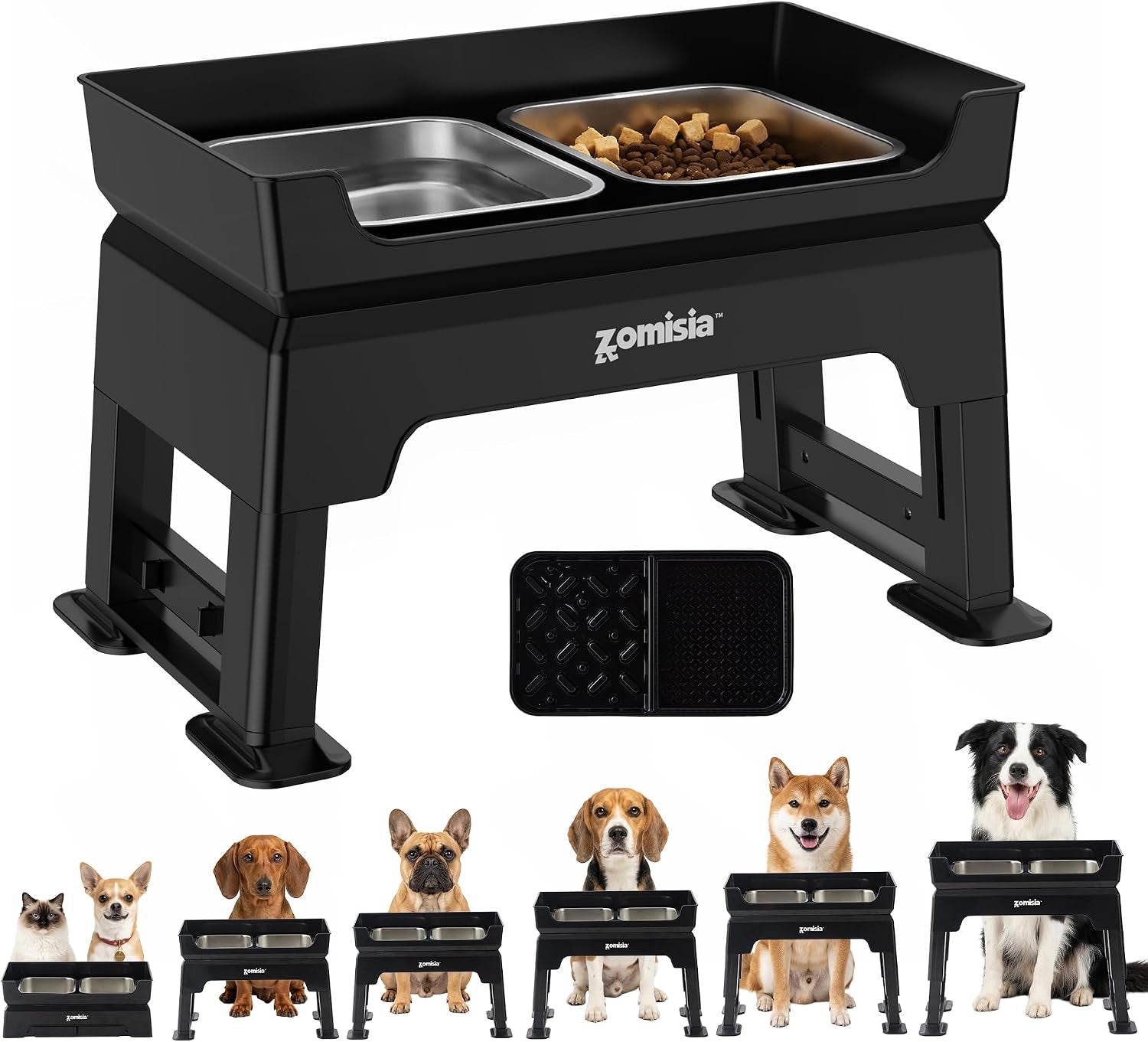 Adjustable elevated dog feeder with raised food and water bowls for comfortable everyday feeding