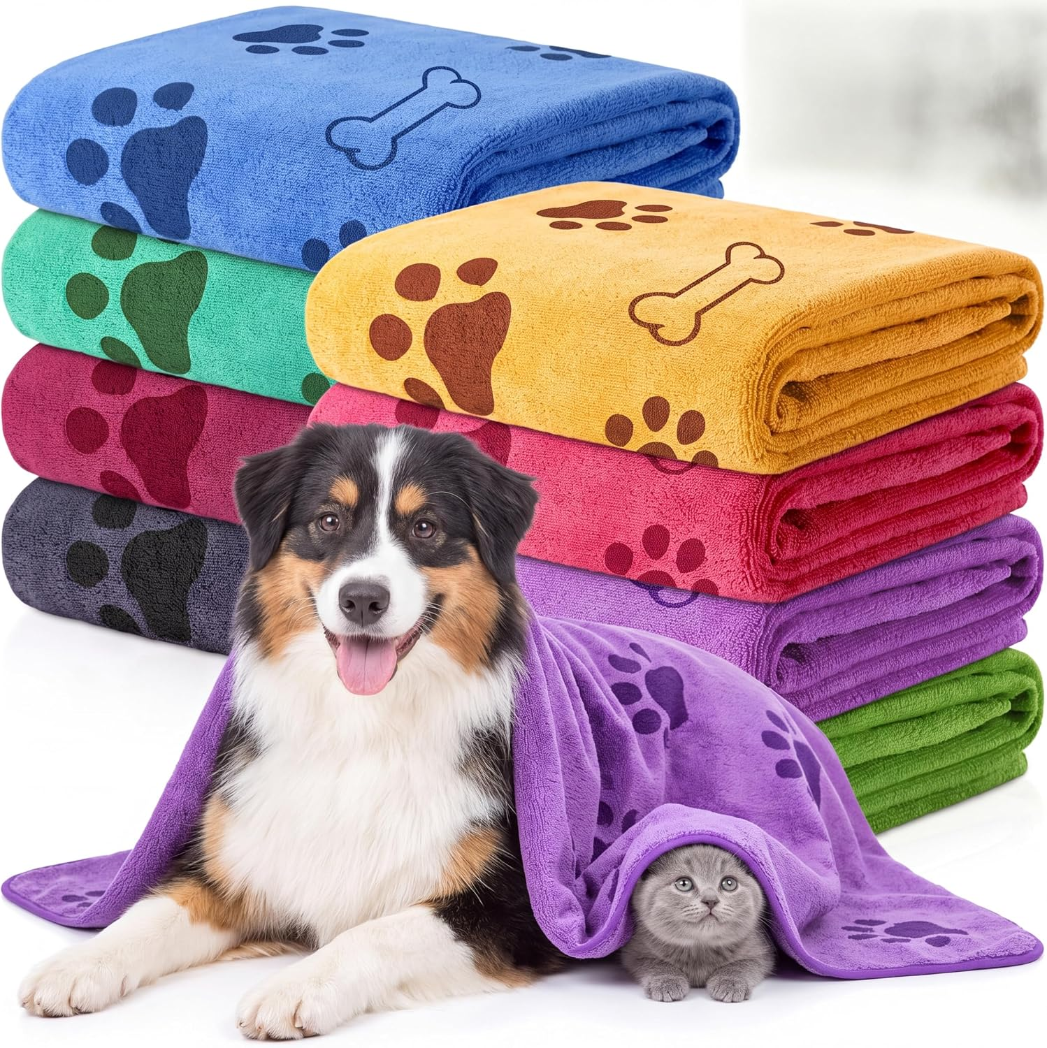 Colorful dog towels and cozy drying robes designed to help dry dogs after baths, swimming, rainy walks, and wet outdoor adventures.