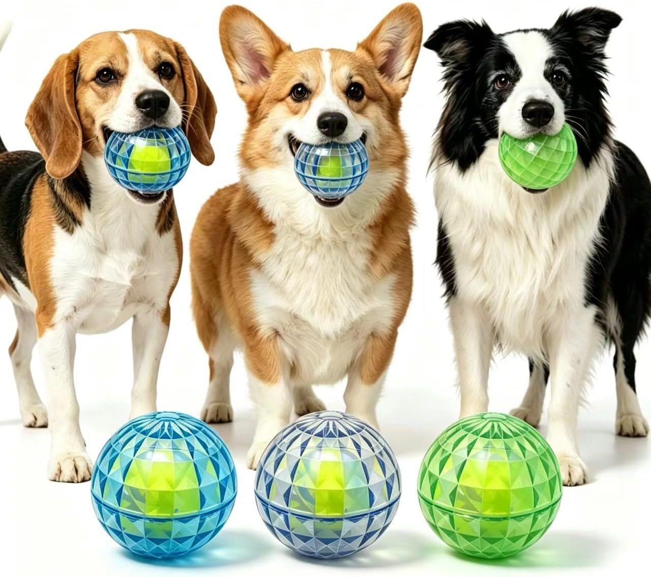 Three dogs with colorful interactive ball toys on a white background.