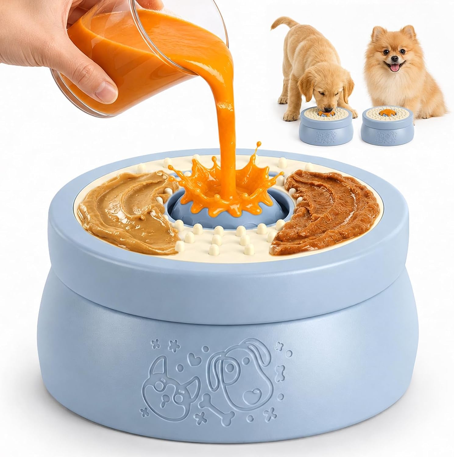 Blue dog lick bowl with textured feeding surface being filled with soft food.