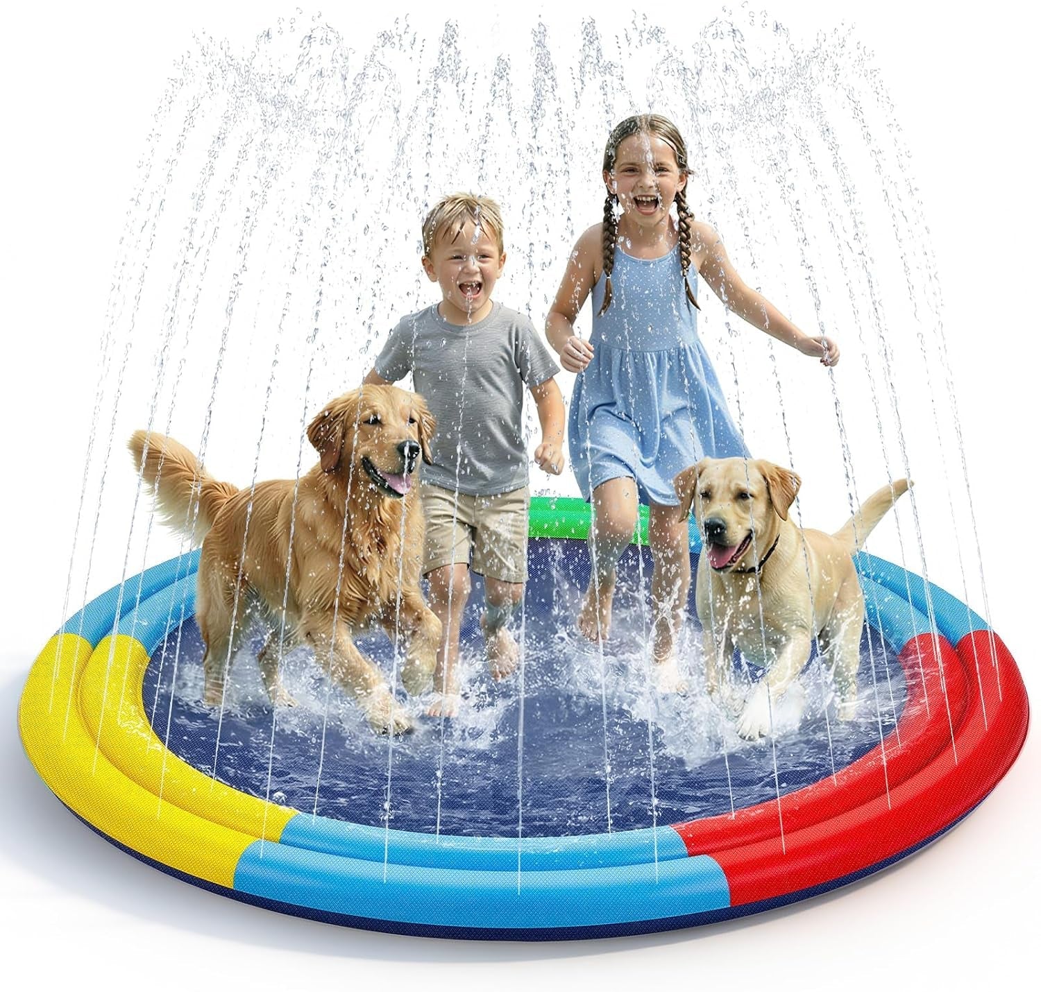 Dogs playing in a colorful outdoor splash pad with water spraying around them.