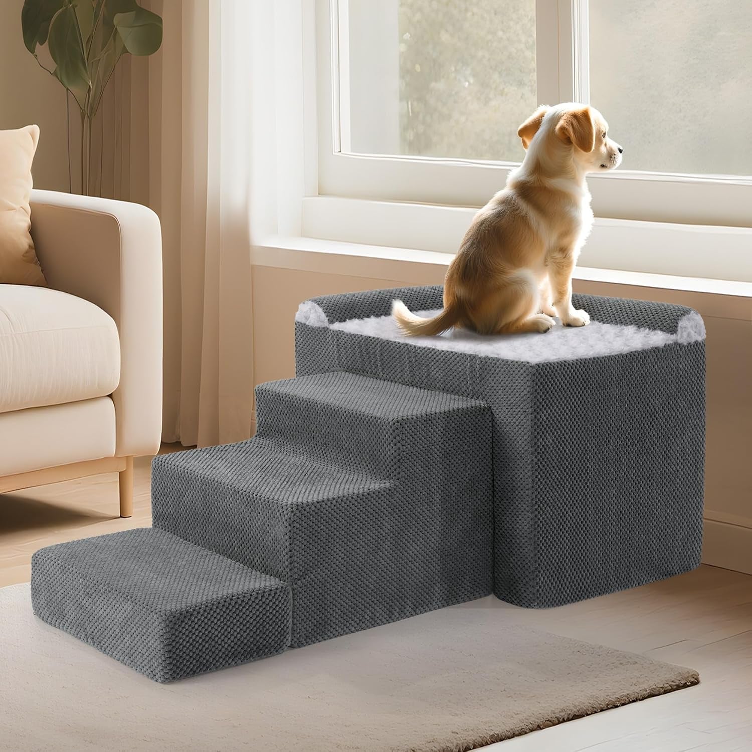 Dog using indoor pet stairs beside a sofa with supportive steps for easier access to elevated furniture
