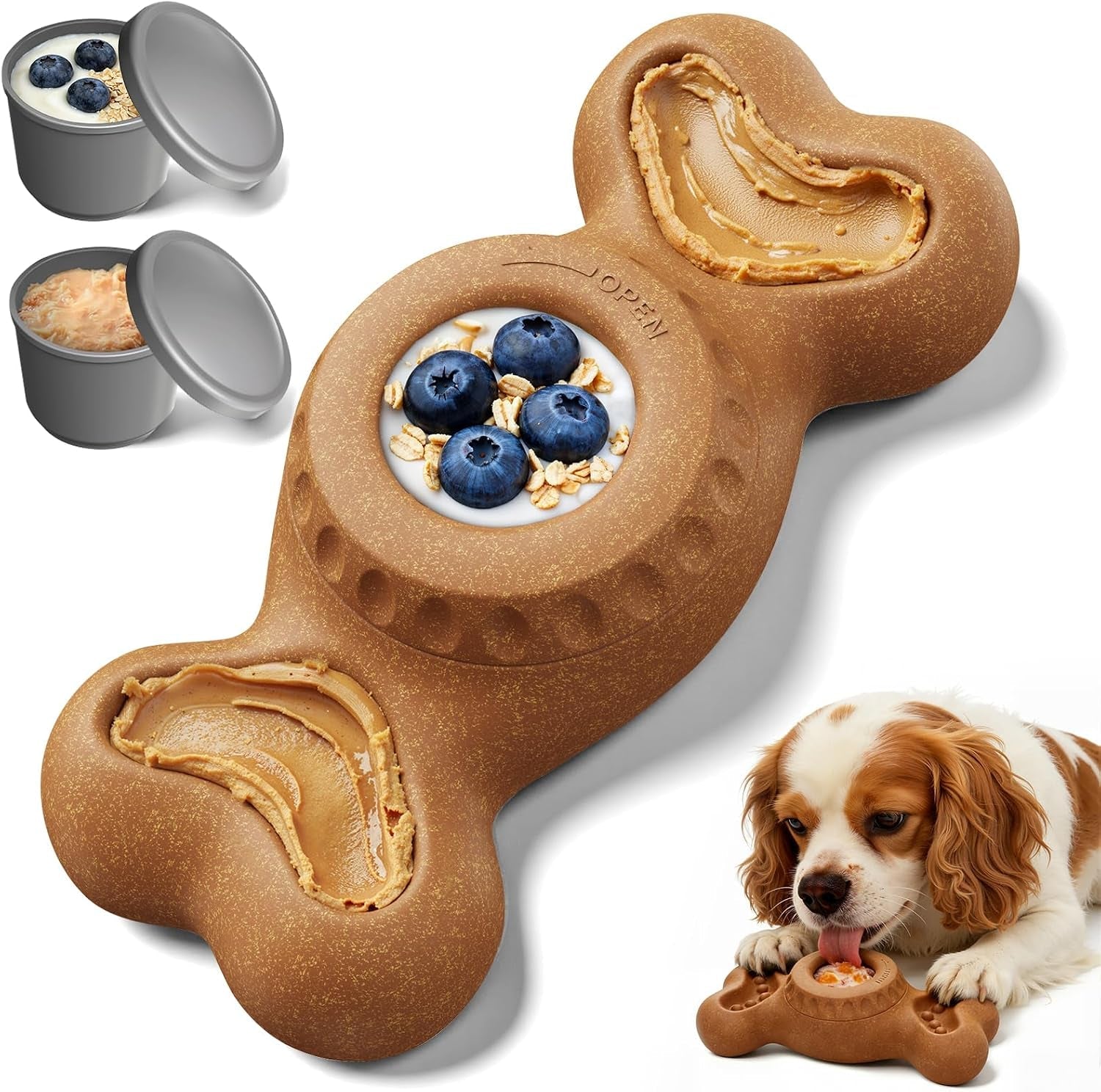 Bone-shaped dog treat toy filled with soft food and treats, with a dog licking from the toy.