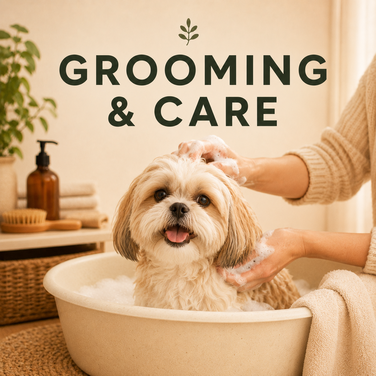 Grooming & Care collection image featuring a happy small dog during bath time in a warm, cozy setting.