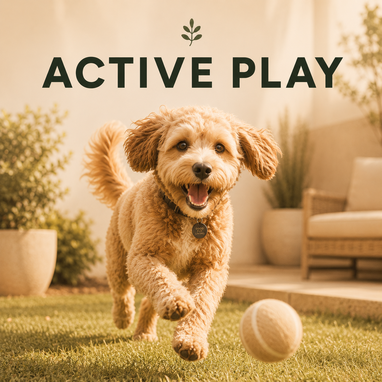 Happy dog running after a ball in a sunny backyard for the Good Pup Living Active Play collection.