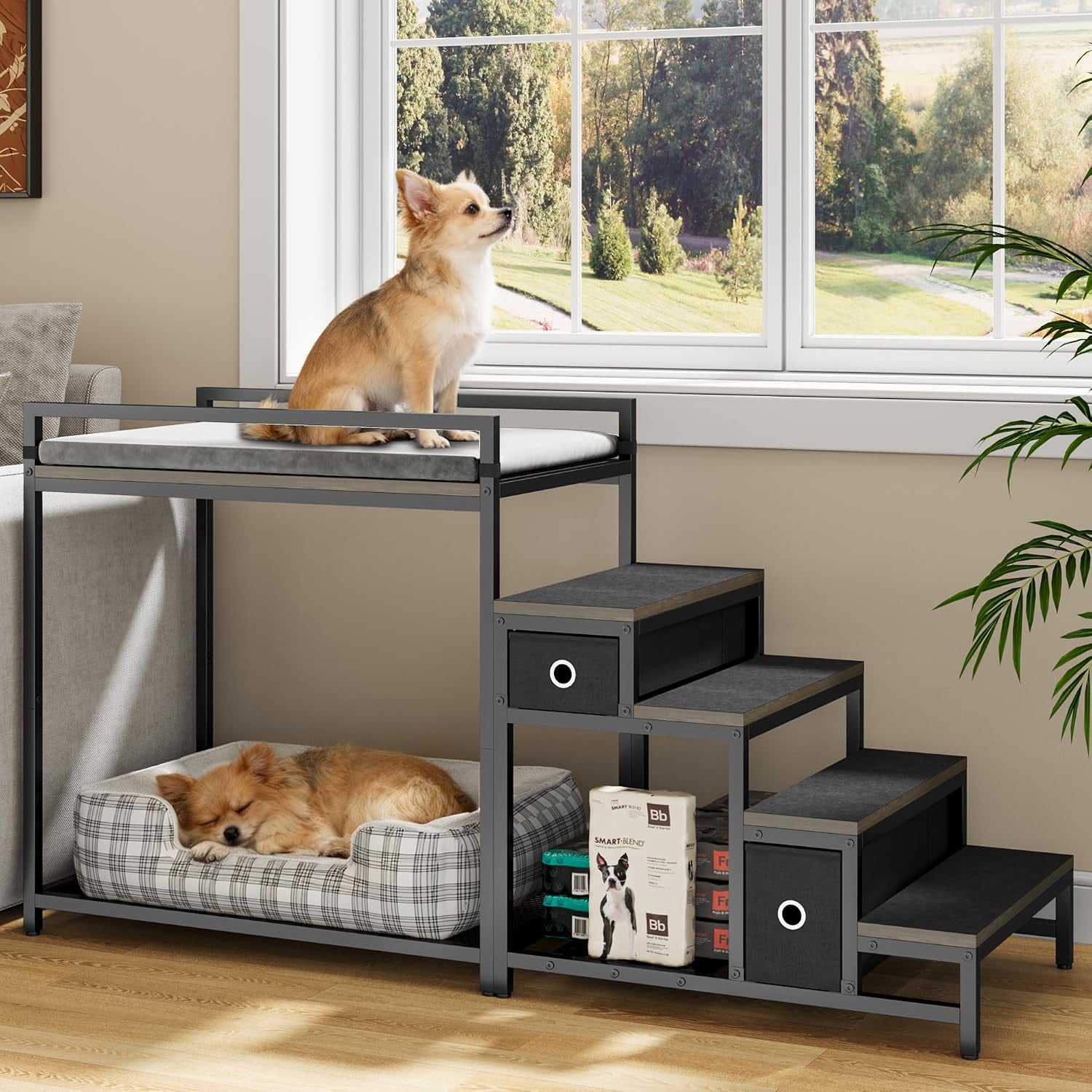 Pet Bunk Bed with Stairs and Storage, Dog Beds Attachment to Human Bed, Bedside Dogs Cot for Small, Medium Cats & Dogs, Pet Window Perch (Grey)