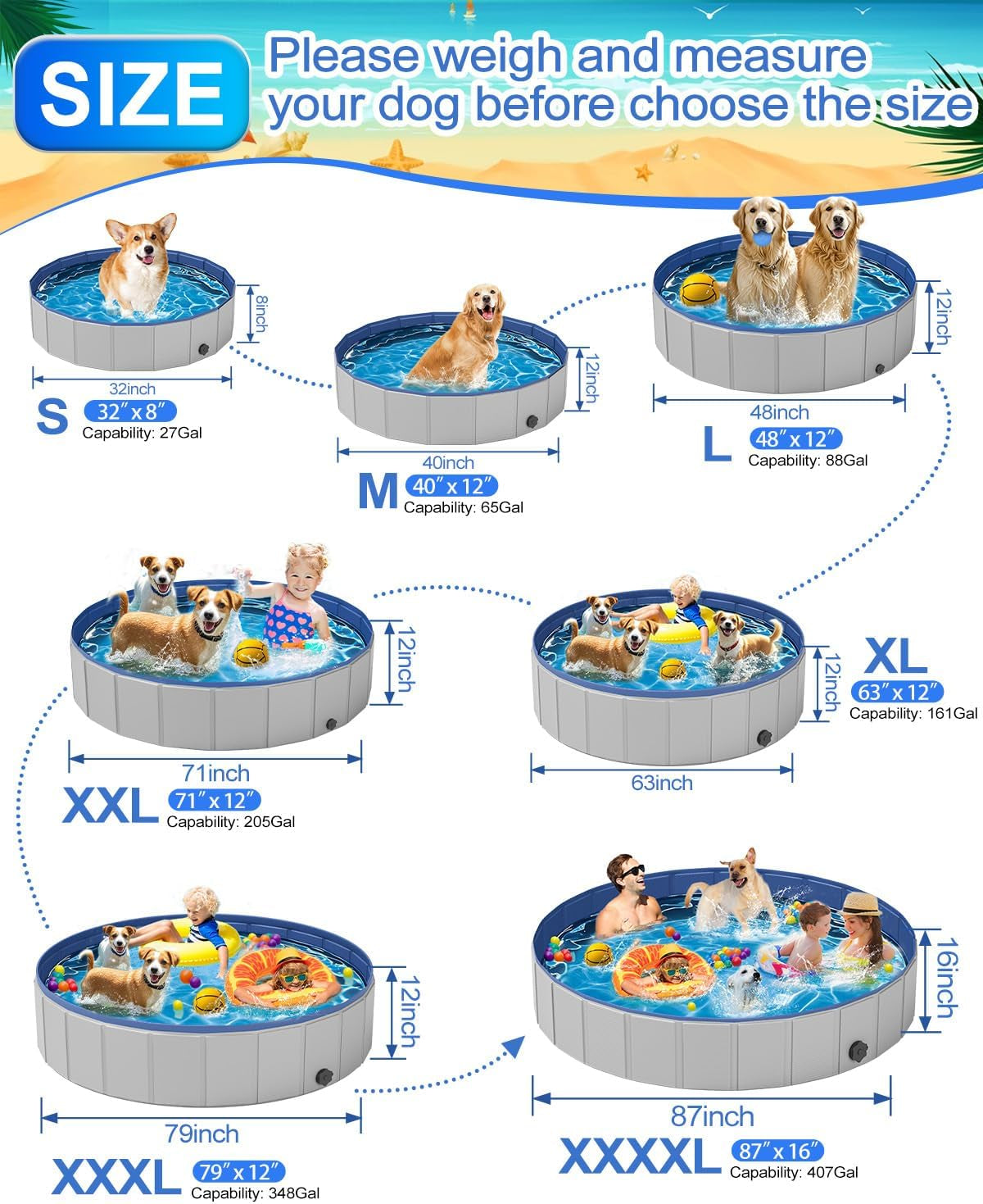 Dog Pool for Large Dogs, Foldable Plastic Pool for Dogs Slip-Resistant (XL - 63'' X 12'')