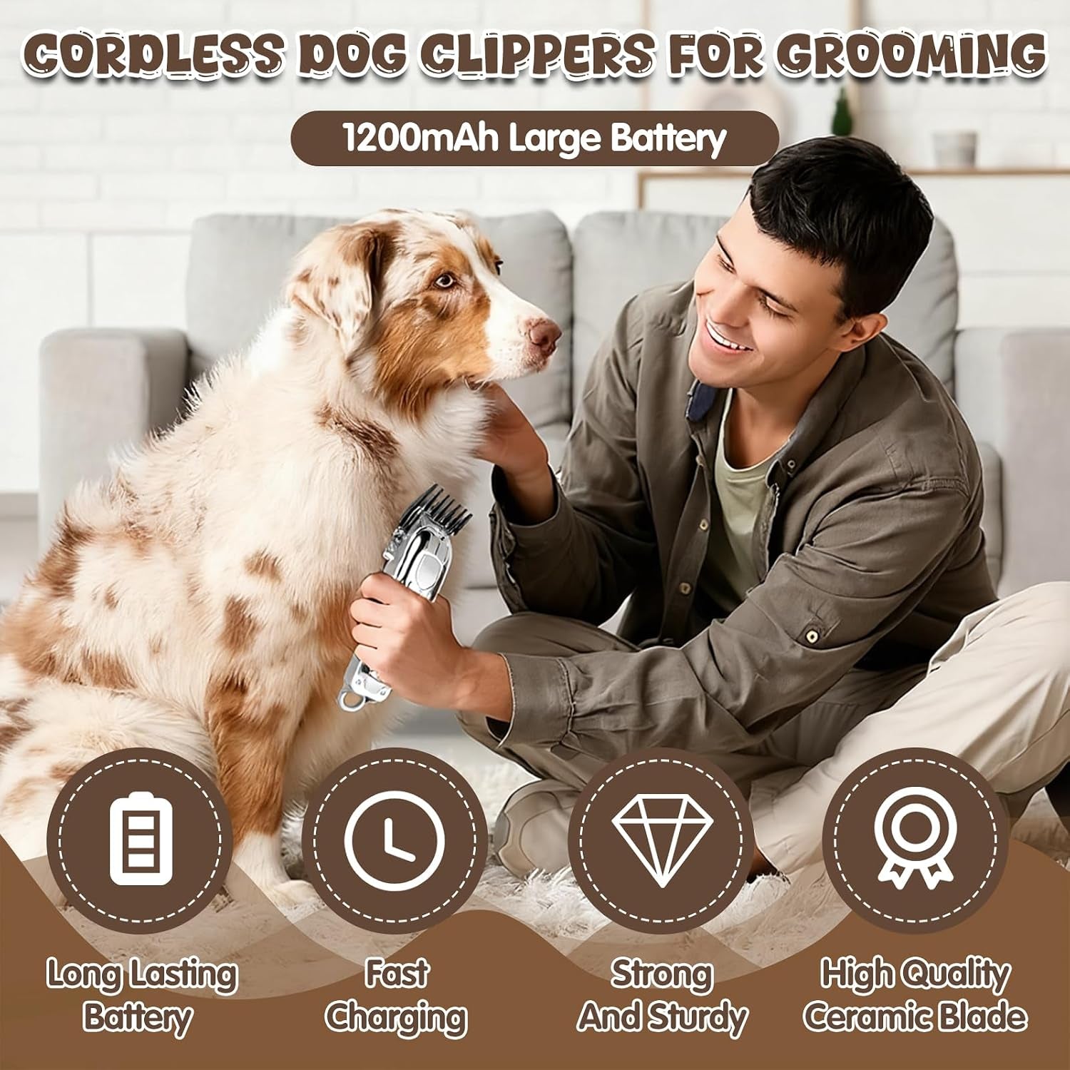 Dog Grooming Kit with Dog Clippers Rechargeable Wireless Grooming Clippers, Pet Trimmer for Thick Fur, Stainless Steel Blades & Nail Trimmer