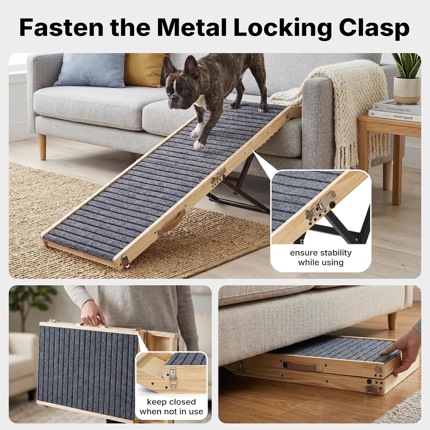 Folding Dog Ramp for Bed Couch for Small Dogs Height 20" to 31" | 65" Long Portable Pet Ramp for Bed Car 5 Adjustable Height Doggie Dachshund Senior Dog Ramps with Steel Bracket, up to 220Lbs