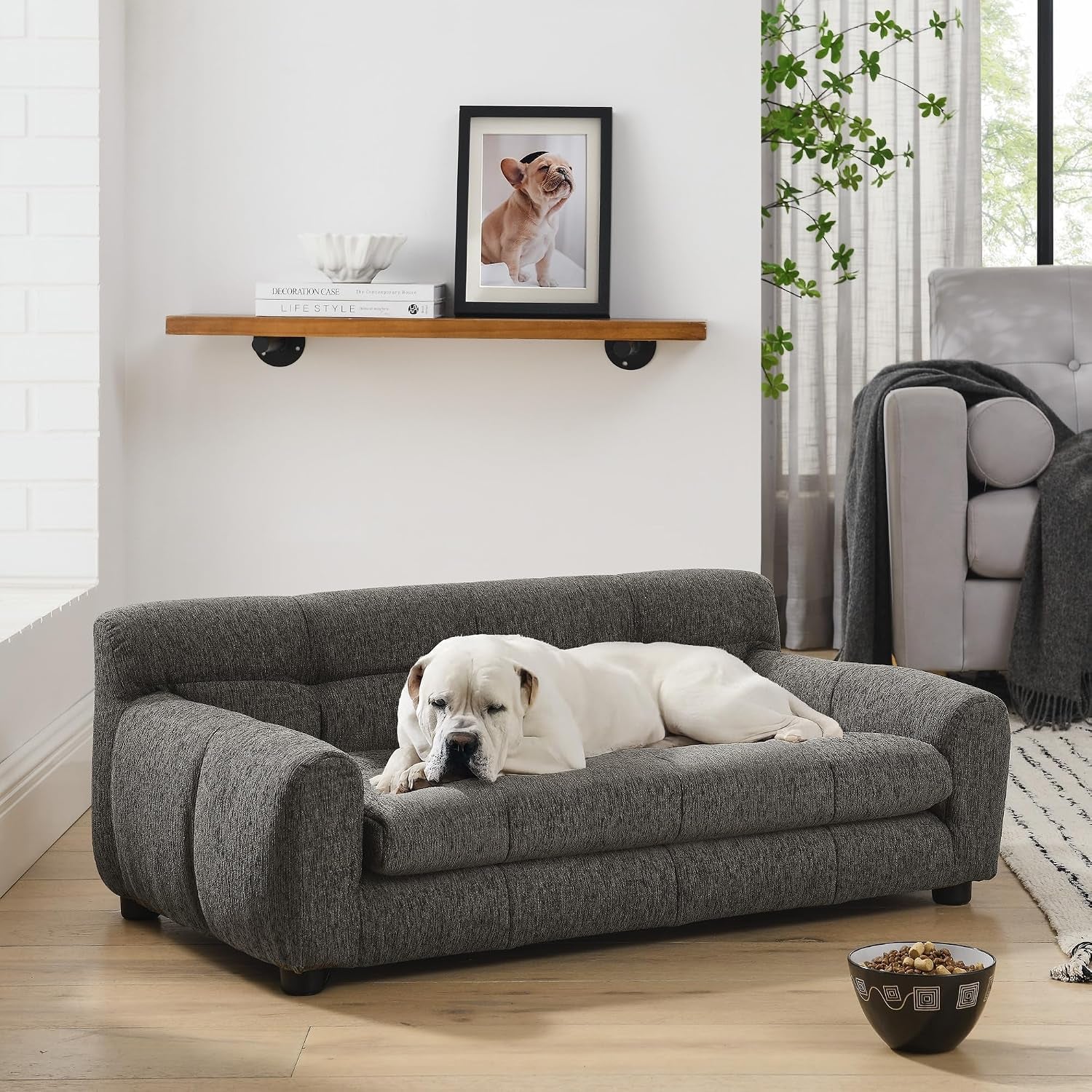 38" Dog Couch, Comfortable Dog Sofa Bed with Backrest and Armrests for Medium and Large Dogs, Linen Cozy Soft Cushion Pet Bed,Dark Gray