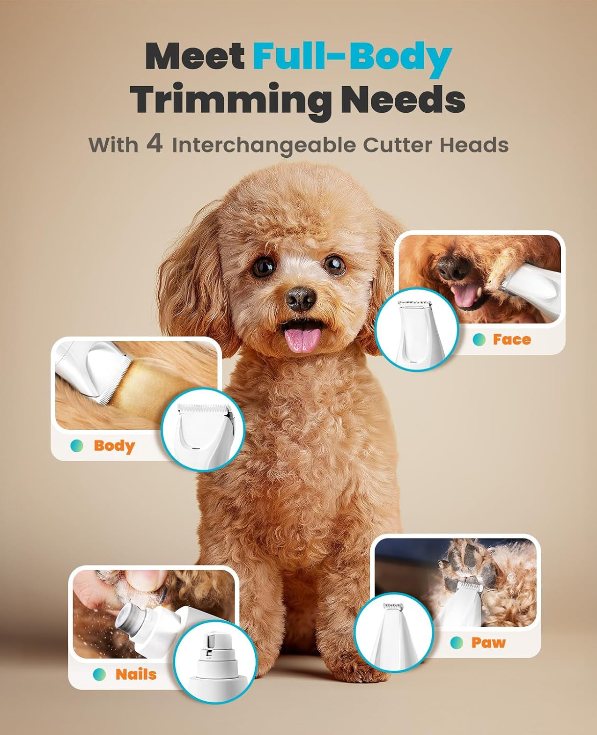 Quiet 4-In-1 Dog Grooming Kit with LED Light | Storage Bag, Clippers & Nail Grinder, Cordless, 3.7 Hrs Runtime, LED Display, Safe for Paw, Nail, Face, Ears, Legs, Body