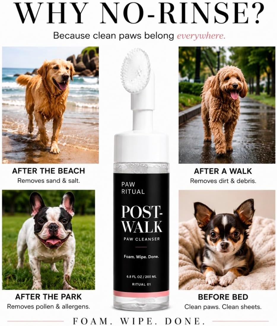 Dog Paw Cleaner, Dog Paw Wash, No-Rinse Foaming Paw Cleanser with Silicone Brush for Dogs & Puppies, Plant-Derived Formula for Sensitive Paws, 6.8 Fl Oz