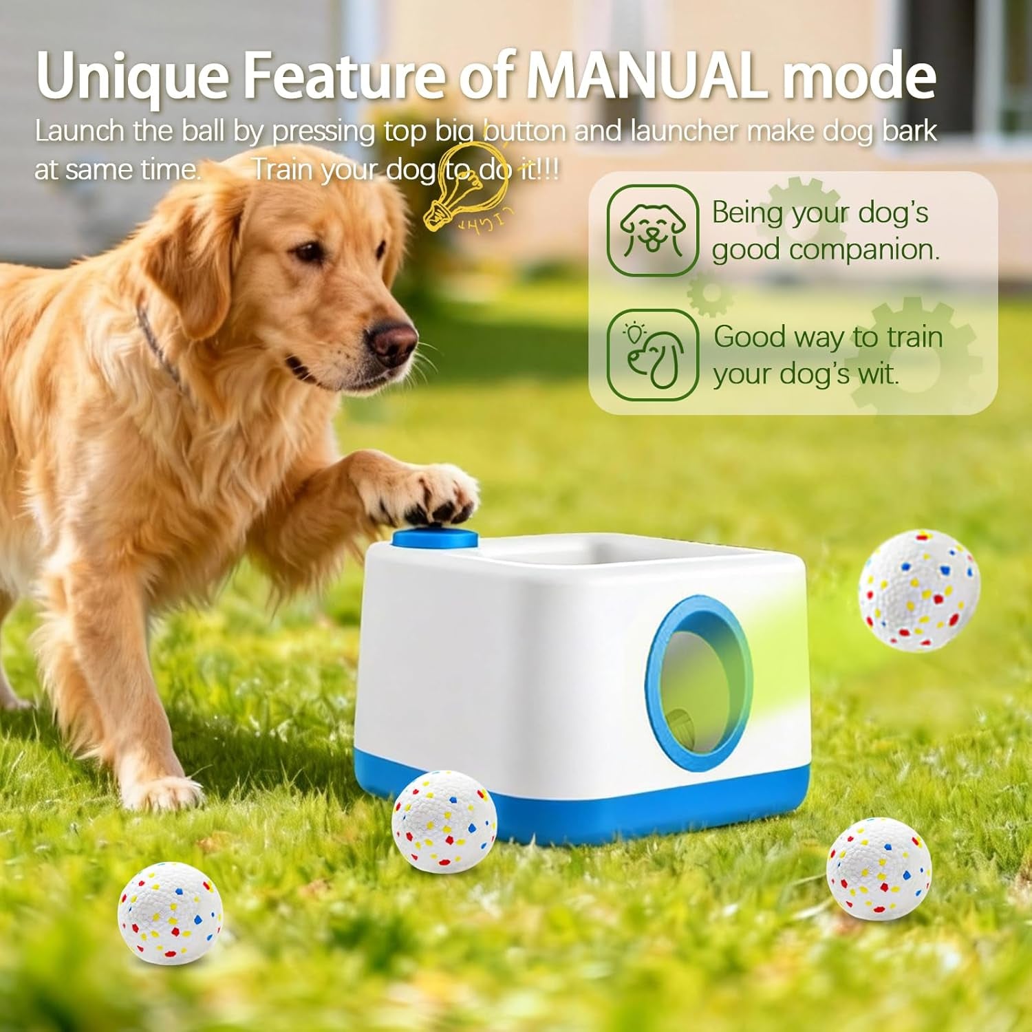 Automatic Dog Ball Launcher, Auto/Manual Paw-Activated Dog Ball Thrower, 3 Adjustable Distances Rechargeable Interactive Dog Toy, Indoor Outdoor Self Play Pet Toy with 4 Chew-Resistant Balls