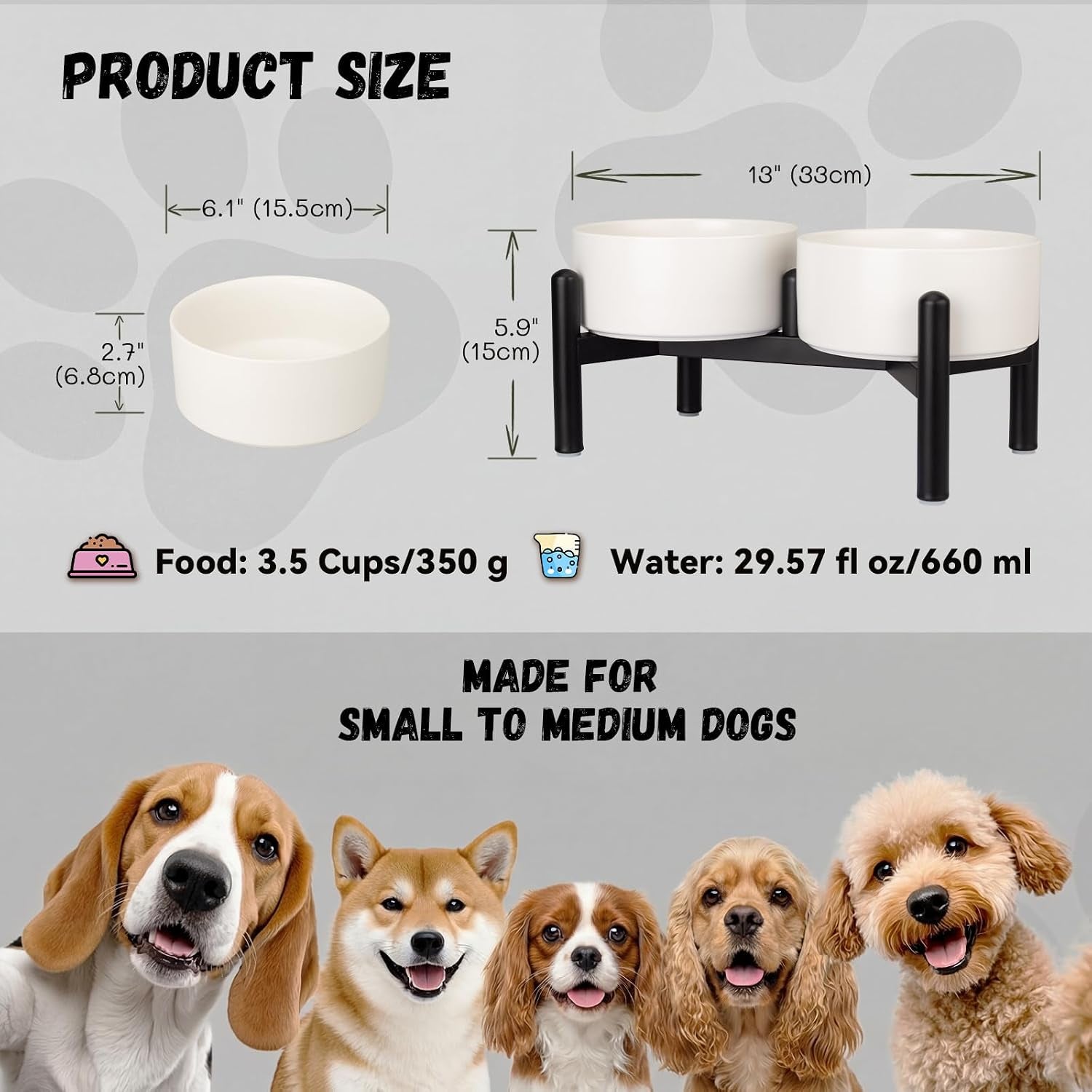 Raised Ceramic Dog Bowl Set with Stand, 3.5 Cups Elevated Dog Food Stand | 6.1'' Double Dog Food and Water Bowl Set, Non-Slip Dog Feeding Dishes for Small to Medium Breeds, 29.57 OZ, White