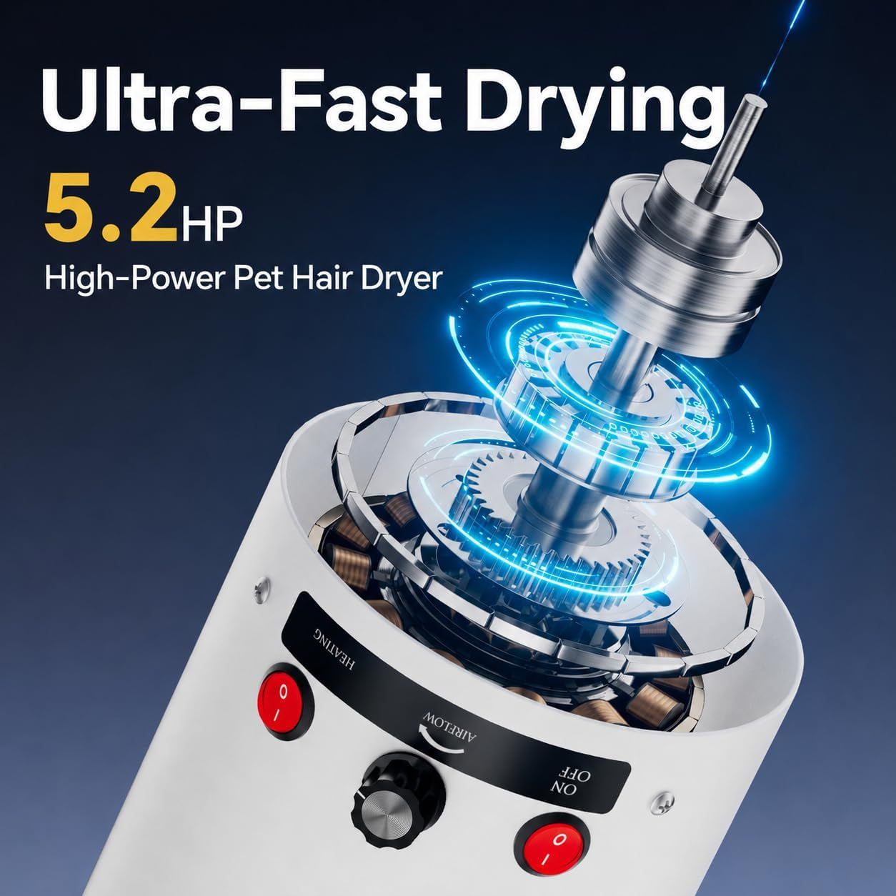 Dog Dryer High Velocity Dog Hair Dryer 5.2HP/3800W, Stepless Adjustable Speed Temperature Dogs Grooming Blow Dryer, Pet Dryer with 4 Nozzles,Blow Dryer for Dogs, White