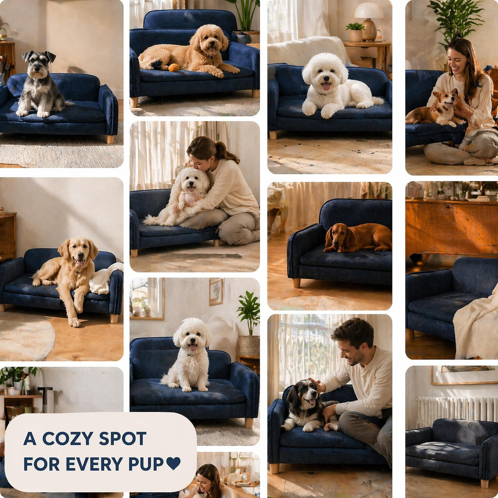 Dog Couch Bed for Small to Medium Dogs, Orthopedic Bolster Dog Sofa Bed with Removable Washable Cover, Elevated Pet Couch with Armrests, Navy Blue