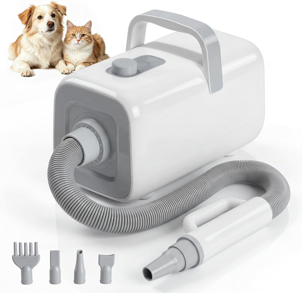 Dog Hair Dryer with Heater for Grooming, High Velocity Speed | 1550W Dog Blow Dryer, Temperature Adjustable Dog Blower Grooming, White