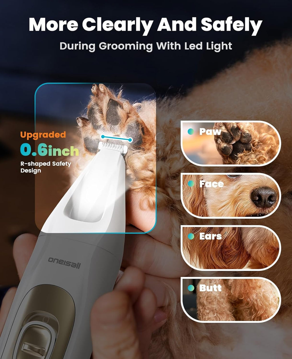 Quiet 4-In-1 Dog Grooming Kit with LED Light | Storage Bag, Clippers & Nail Grinder, Cordless, 3.7 Hrs Runtime, LED Display, Safe for Paw, Nail, Face, Ears, Legs, Body