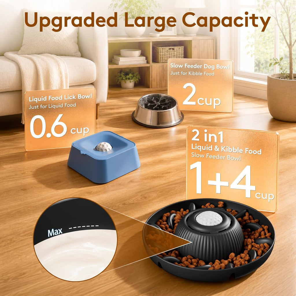Slow Feeder Dog Bowls 2 in 1 Liquid Treat Dog Lick Mat Cat Bowl – anti Slip 5‑Cup Large Capacity Liquid and Kibble Food Treat Dispenser for Slowing down Eating for Large Medium Small Dogs (Black)