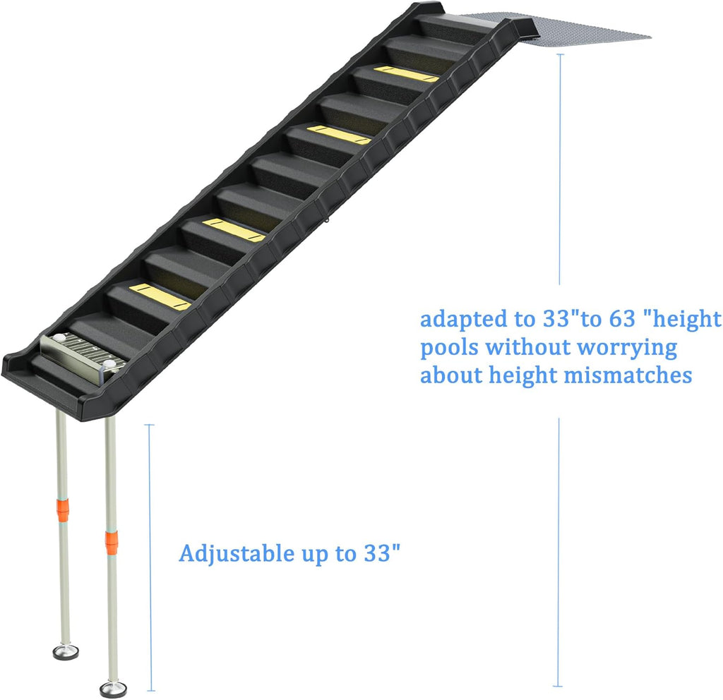 Foldable Dog Pool Ramp with 33" Legs for Free Height Adjustment,Safe & Easy Access Dog Water Ramp for Pool, Pool Ramp for Dogs up to 200Lbs (Black)