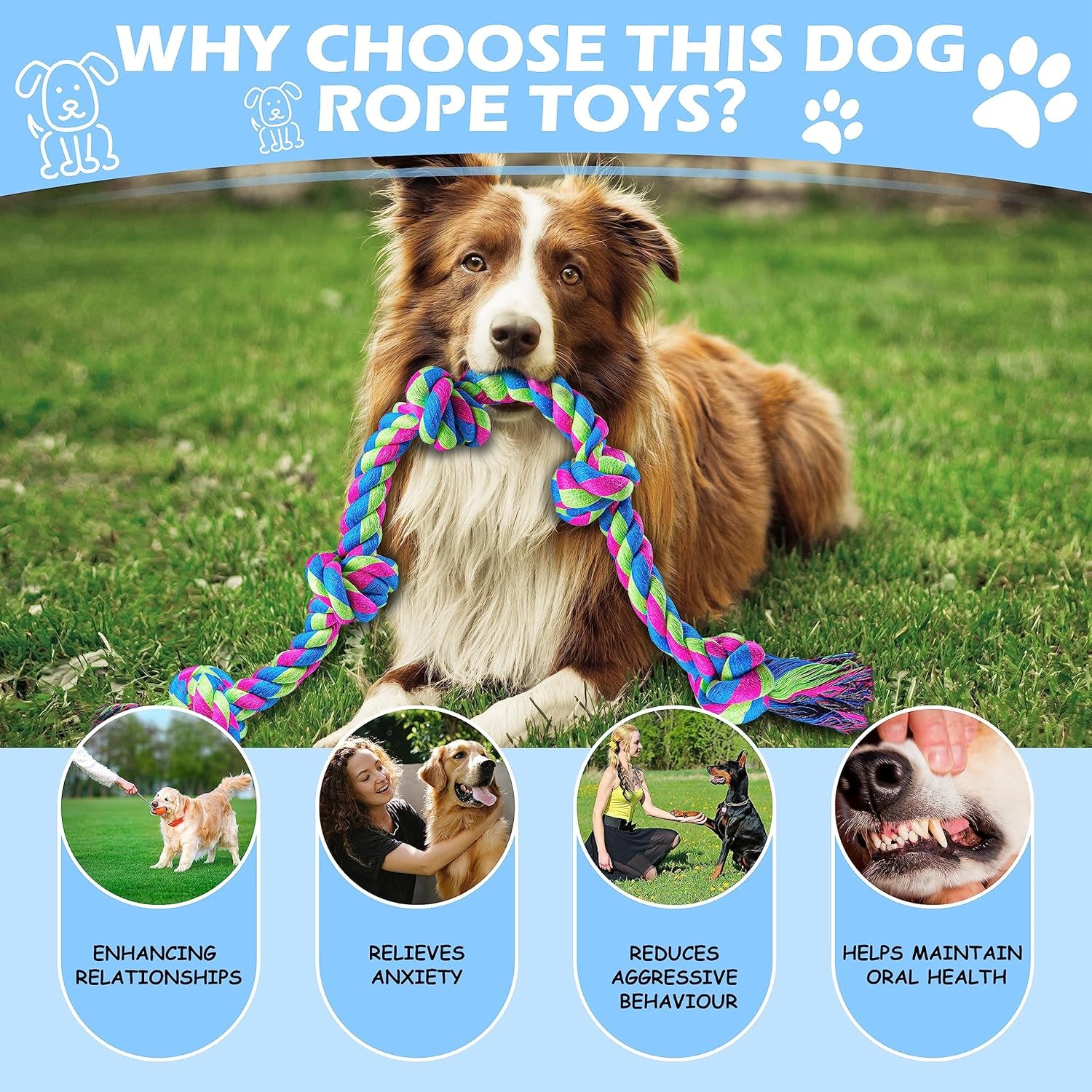 Dog Rope Toys for Large Breed Aggressive Chewers, 37-Inch 5 Knots Indestructible Teeth Cleaning Tug of War Toy，Natural Cotton Tough Premium Rope Toys for Boredom