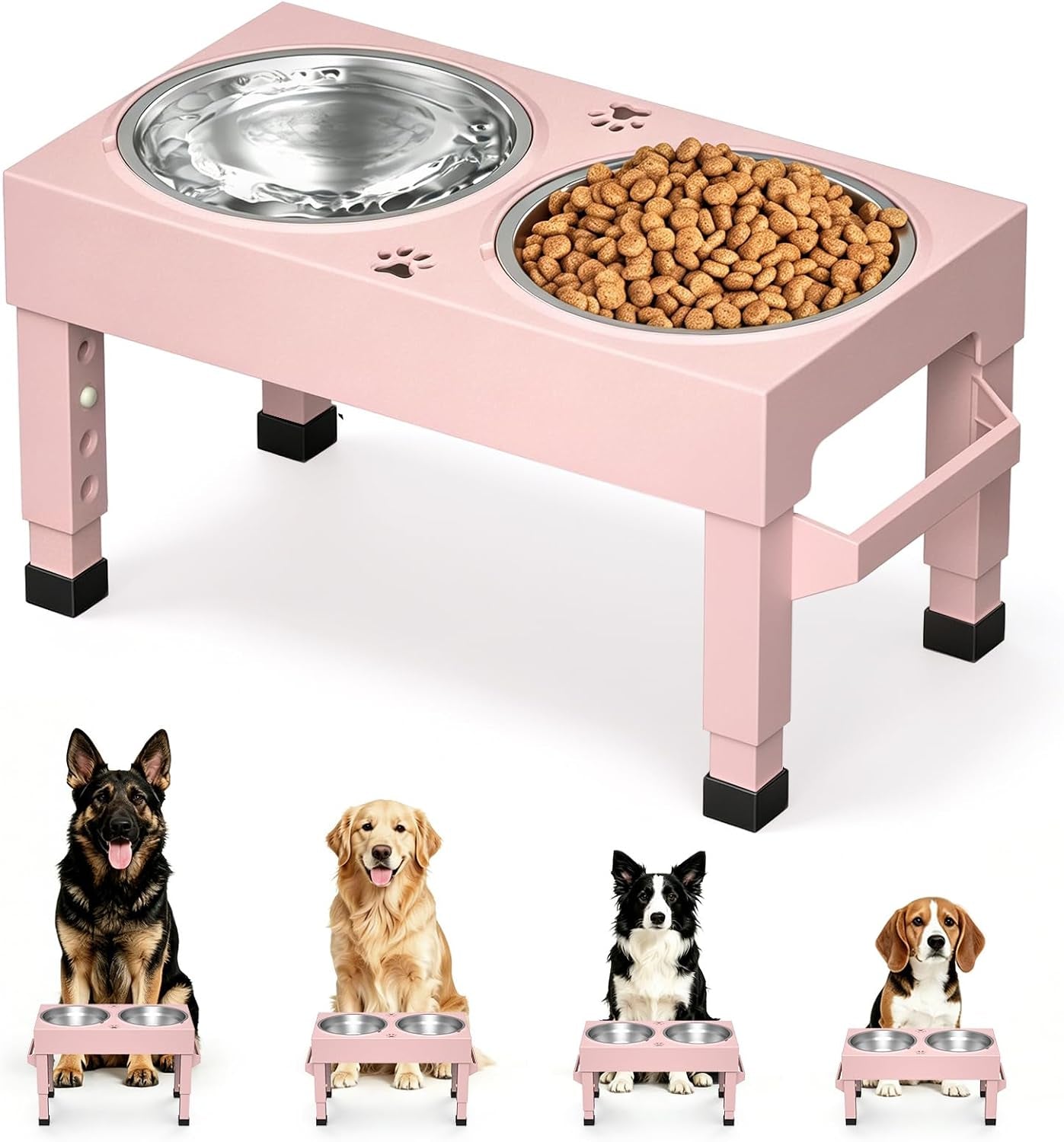 Elevated Dog Bowls Stand Large Breed, Height Adjustable Raised Dog Bowls Holder with 2 Stainless Steel Food Bowls for Small, Medium and Large Canine，Black