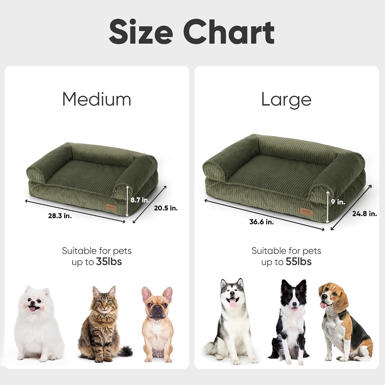 Cute Dog Bed, Thickened Orthopedic Dog Sofa, Waterproof&Washable | 36" Corduroy Dog Couch with 4" Extra-Thick Egg-Crate Foam, Large Pet Bed for Medium to Large Dogs, Green