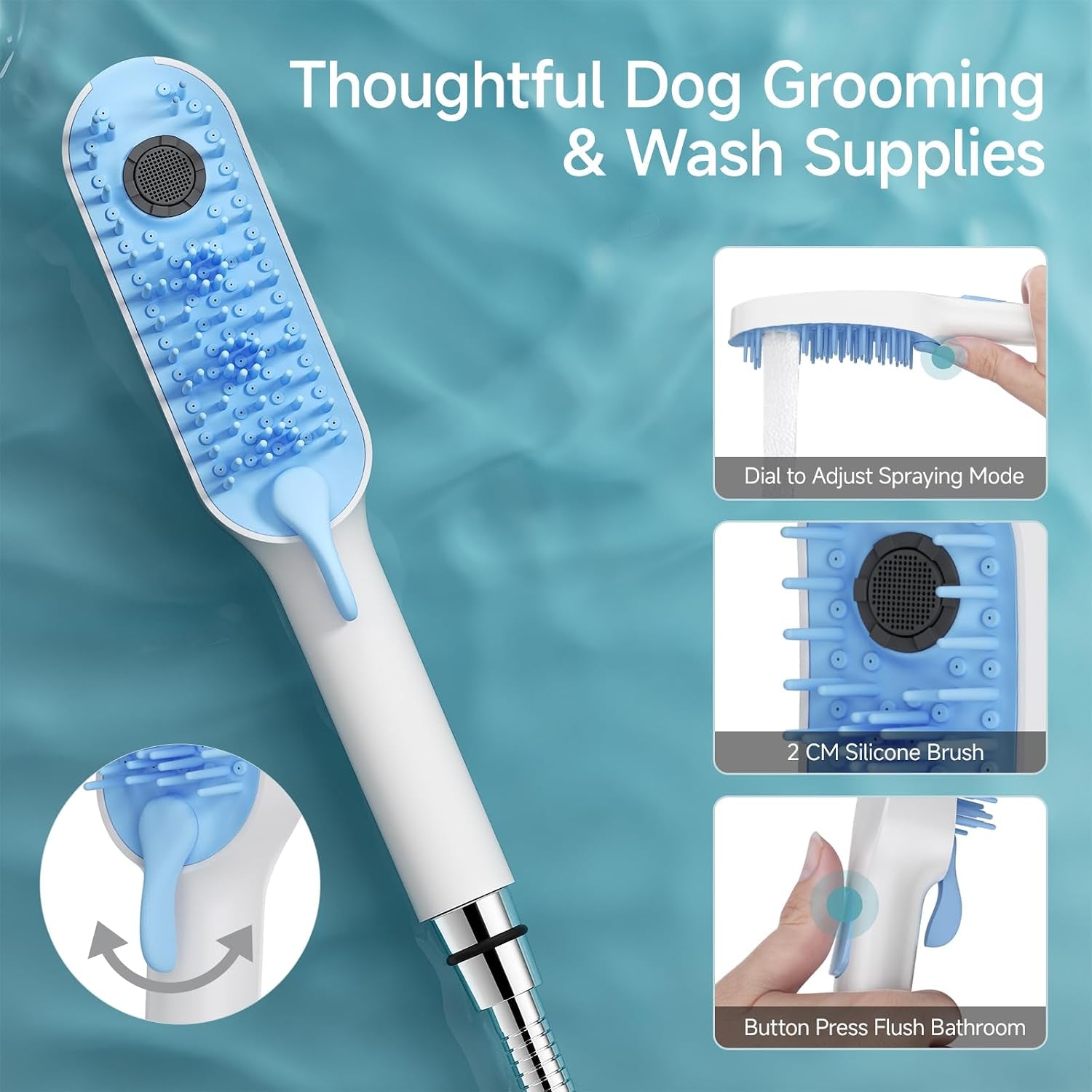 Dog Shower Attachment with 4 Adjustable Settings, Indoor and Outdoor Use | Easy-To-Install Dog Shower Brush for Bathing and Grooming, Blue/White