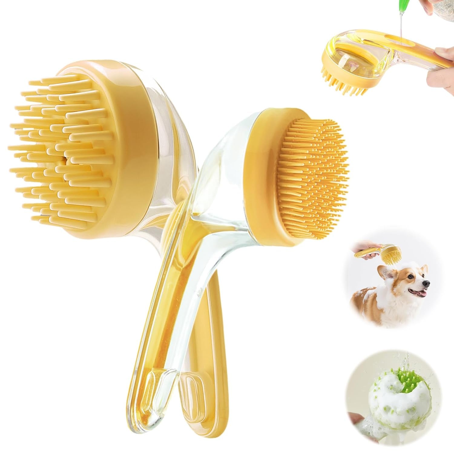 Pet Bath Brush with Shampoo Dispenser, Dog Bath Brush and Grooming Massage Brush for Dogs & Cats, Easy Dog Washing Brush for Short and Long Hair, Coarse and Fine Teeth 2Pcs (Blue)