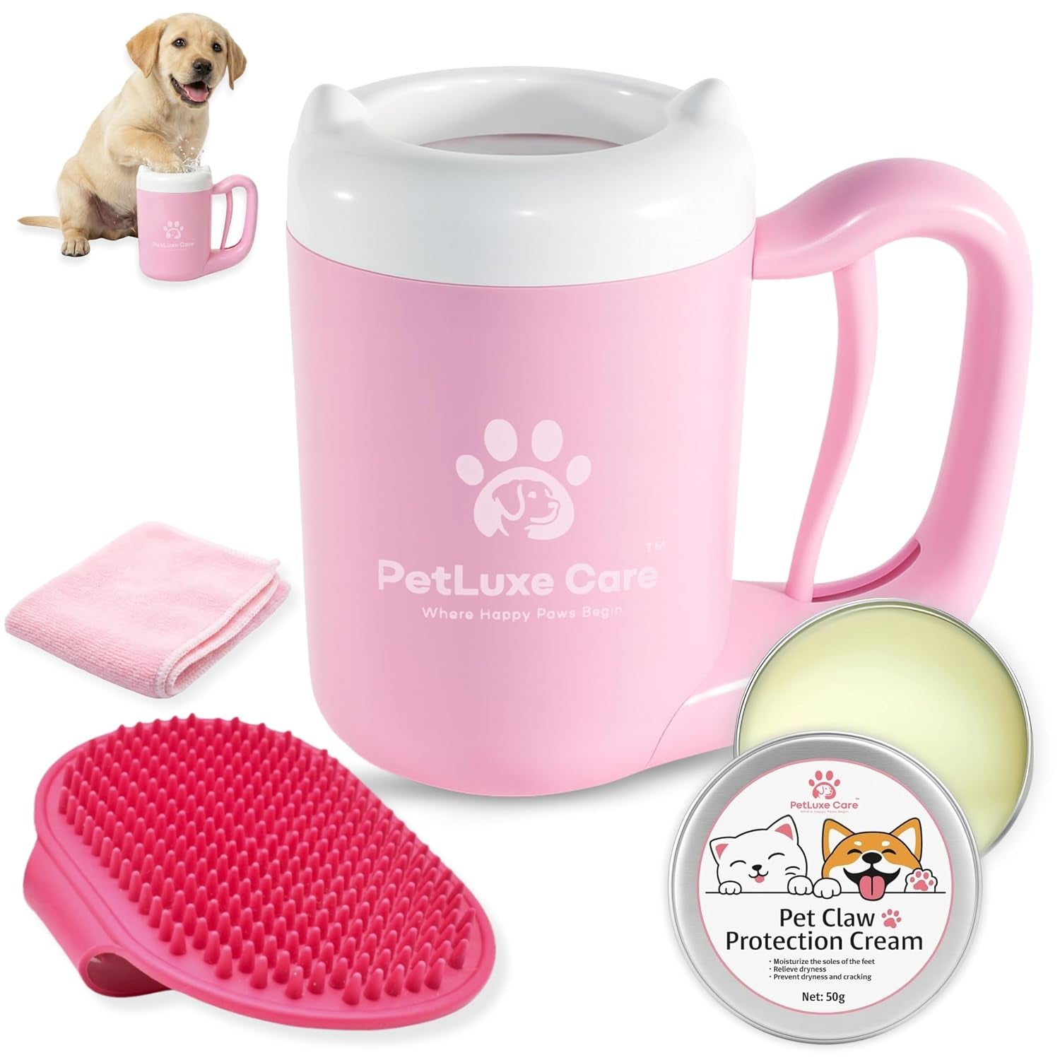 Dog Paw Cleaner, Paw Washer Cup with Soft Silicone Bristles, Portable Dog Foot Washer, 4-In-1 Paw Cleaner Kit with Paw Balm, Microfiber Towel & Grooming Brush (Pink Small)