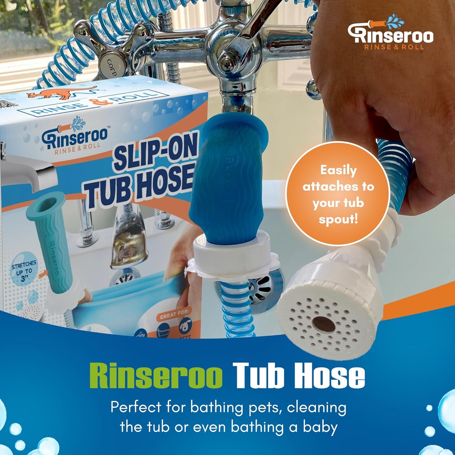Slip-On Bathtub Faucet Sprayer Attachment. Ultra-Flex Dog Shower Hose Adapter Portable Hose Attachment with Sprayer Pet Showerhead Attach Tub Spout 5 Foot Hose. No Install for Speedy Washing