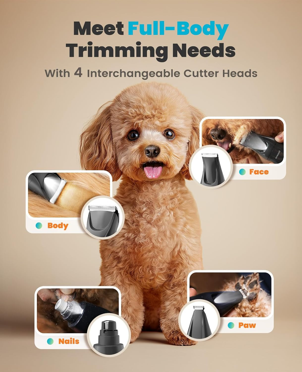 Professional 4-In-1 Dog Grooming Kit with LED Light | Quiet Clippers & Nail Grinder, Cordless, 3.7 Hrs Runtime, LED Display, Safe for Paws, Face, Ears & Body