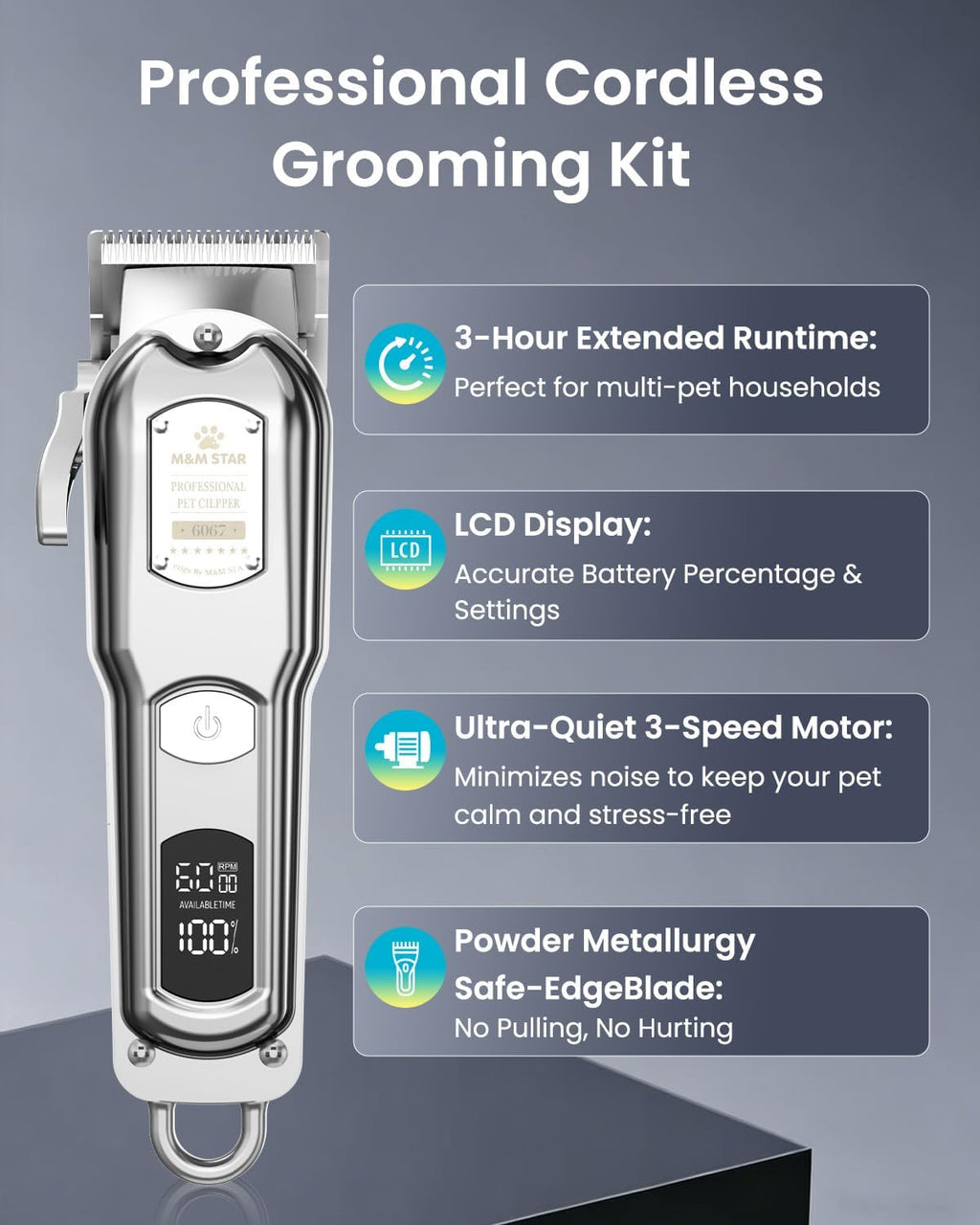Dog Clippers for Grooming Thick Heavy Coats, All-Metal Body Low Noise Cordless Rechargeable Dog Hair Trimmer, Stainless Steel Blade, Professional Pet Grooming Kit for Dogs & Cats (Silver)