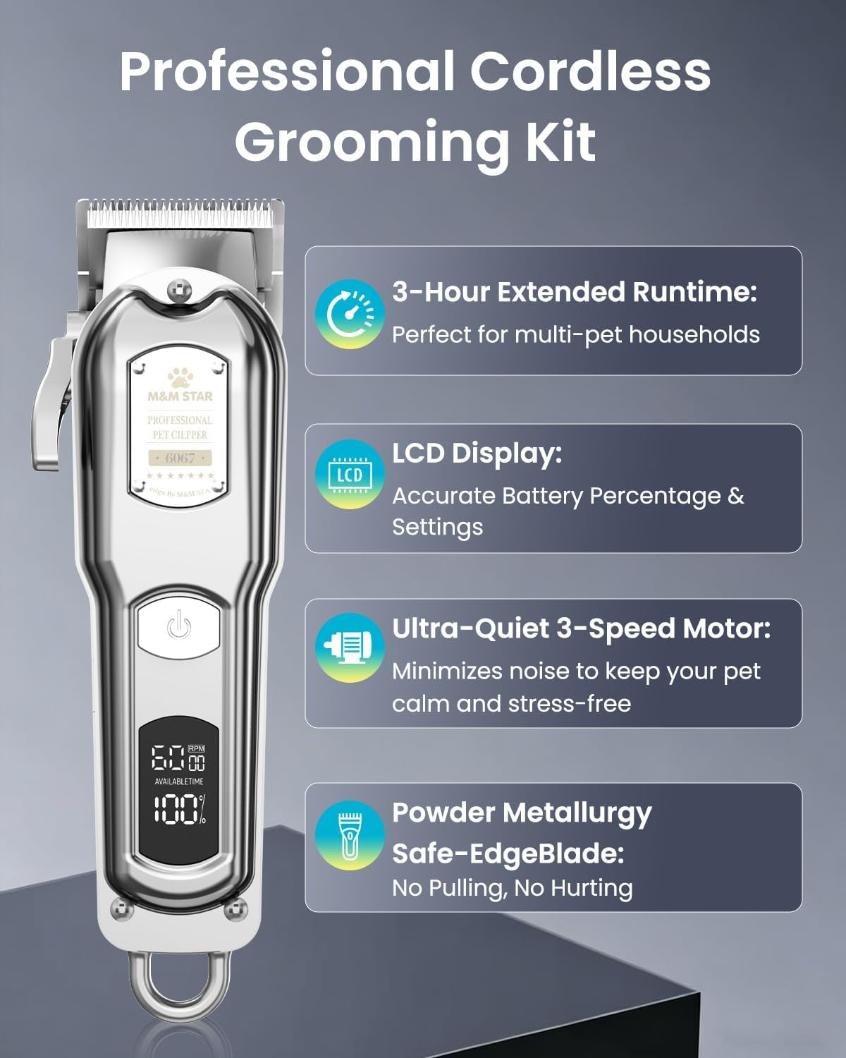 Dog Clippers for Grooming Thick Heavy Coats, All-Metal Body Low Noise Cordless Rechargeable Dog Hair Trimmer, Stainless Steel Blade, Professional Pet Grooming Kit for Dogs & Cats (Silver)