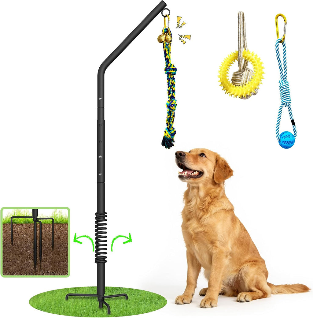 Tether Outdoor Dog Rope Toy with Adjustable Height Spring Pole, 3 Kinds Dog Tug of War Toys for Self Play and Interactive in Park, Yard, Lawn Rope, Suitable for Energetic Dog(45.5″)