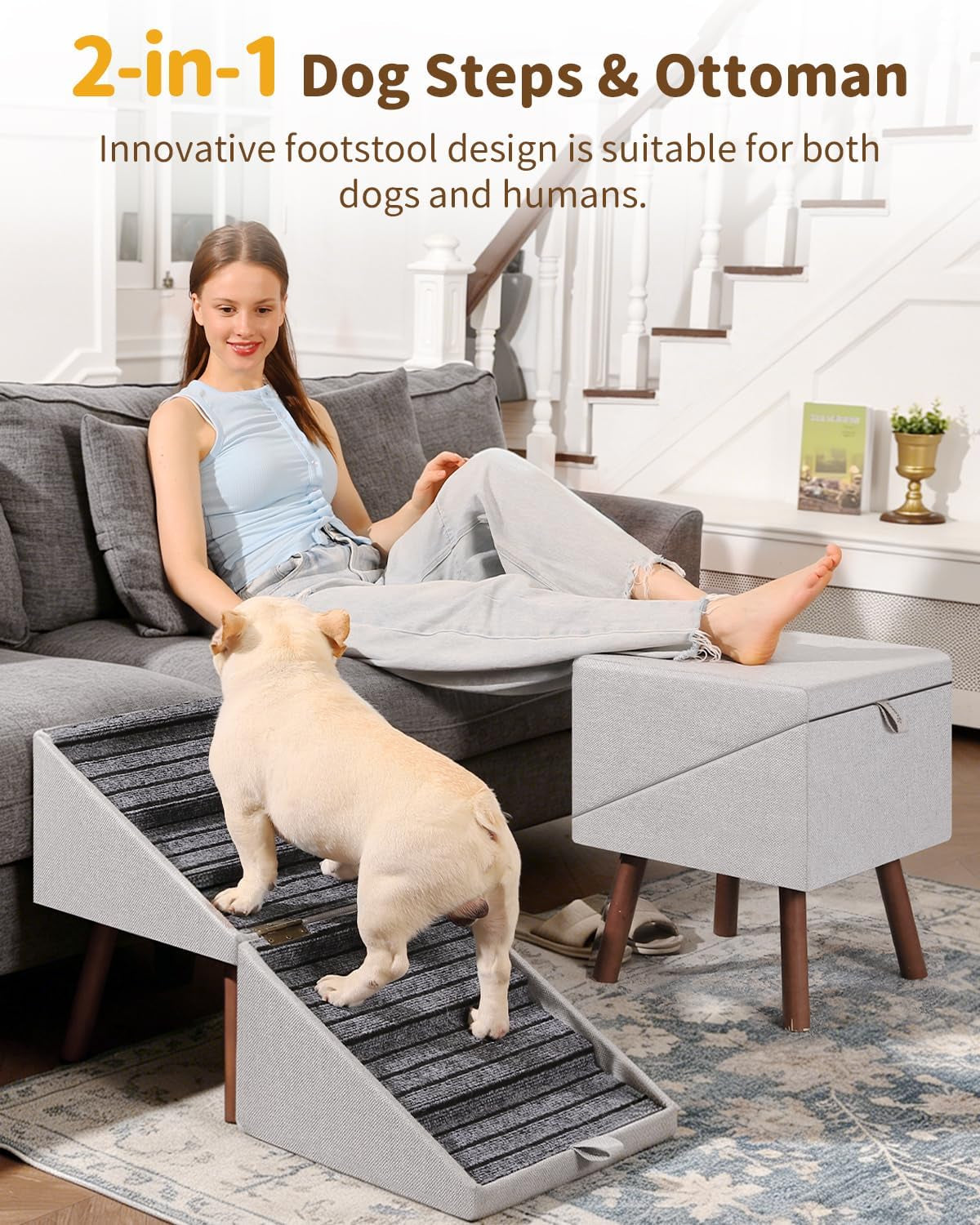 2-In-1 Foldable Ottoman Dog Ramp for Couch(6-Steps) | Convertible Folding Dog Stairs for Couch and Bed,Non-Slip Wooden Pet Stairs for Puppy Senior Injured Dogs