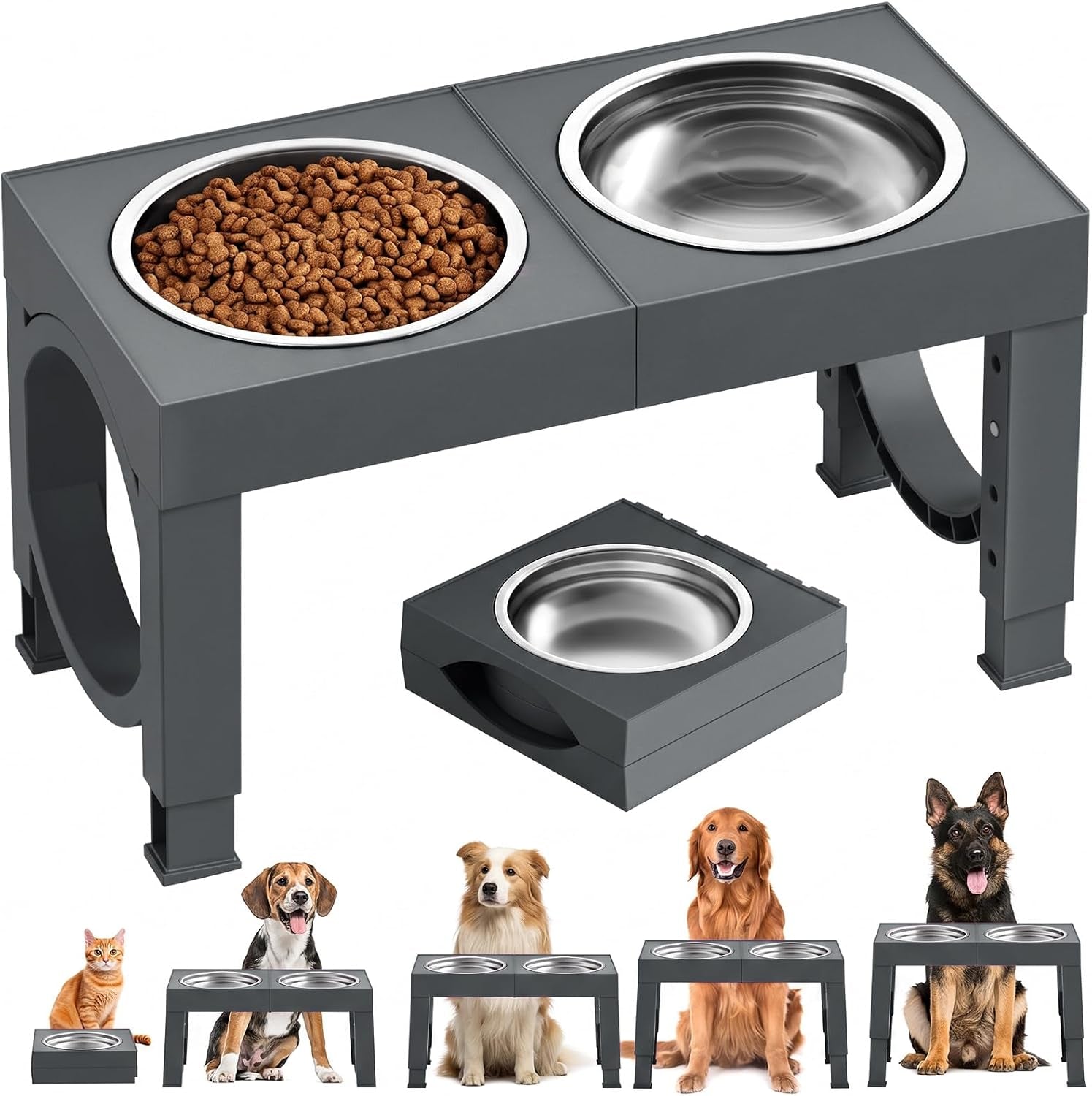Elevated Dog Bowls Large Breed Raised Dogs Bowl Stand Large/Medium Sized Dog Slow Feeder Dogs Bowls Food Water Stands 5 Heights Adjustable 9/11/12/14In Pet Feeder Dish Station